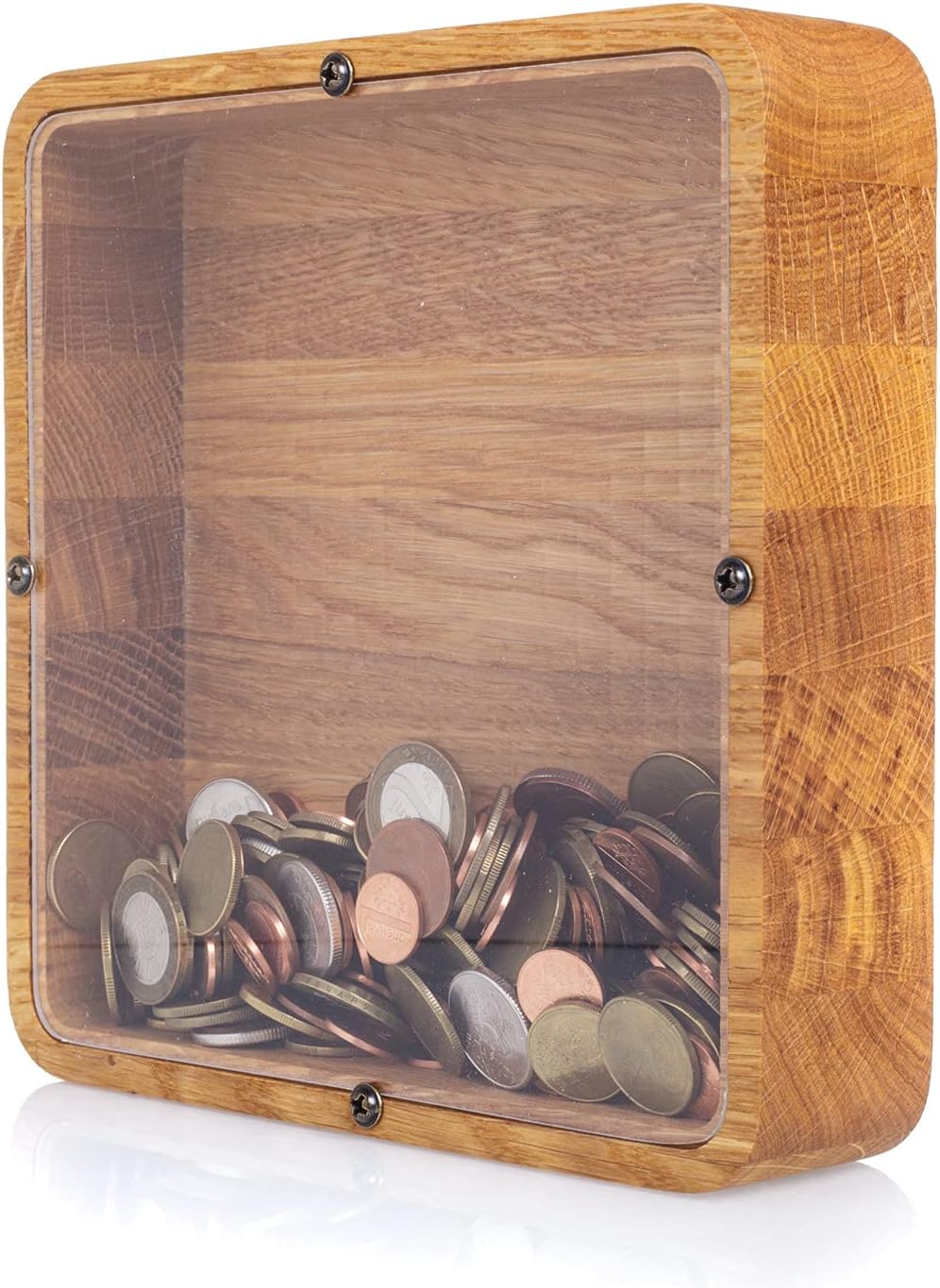 Adult Piggy Bank Square - Wedding Money Box - Coin Saving case for Girls and Boys - Unique Wooden tip jar - Perfect eco Friendly Kid Gift - Strong and Natural Oak Wood 2 Sizes (Personalized)