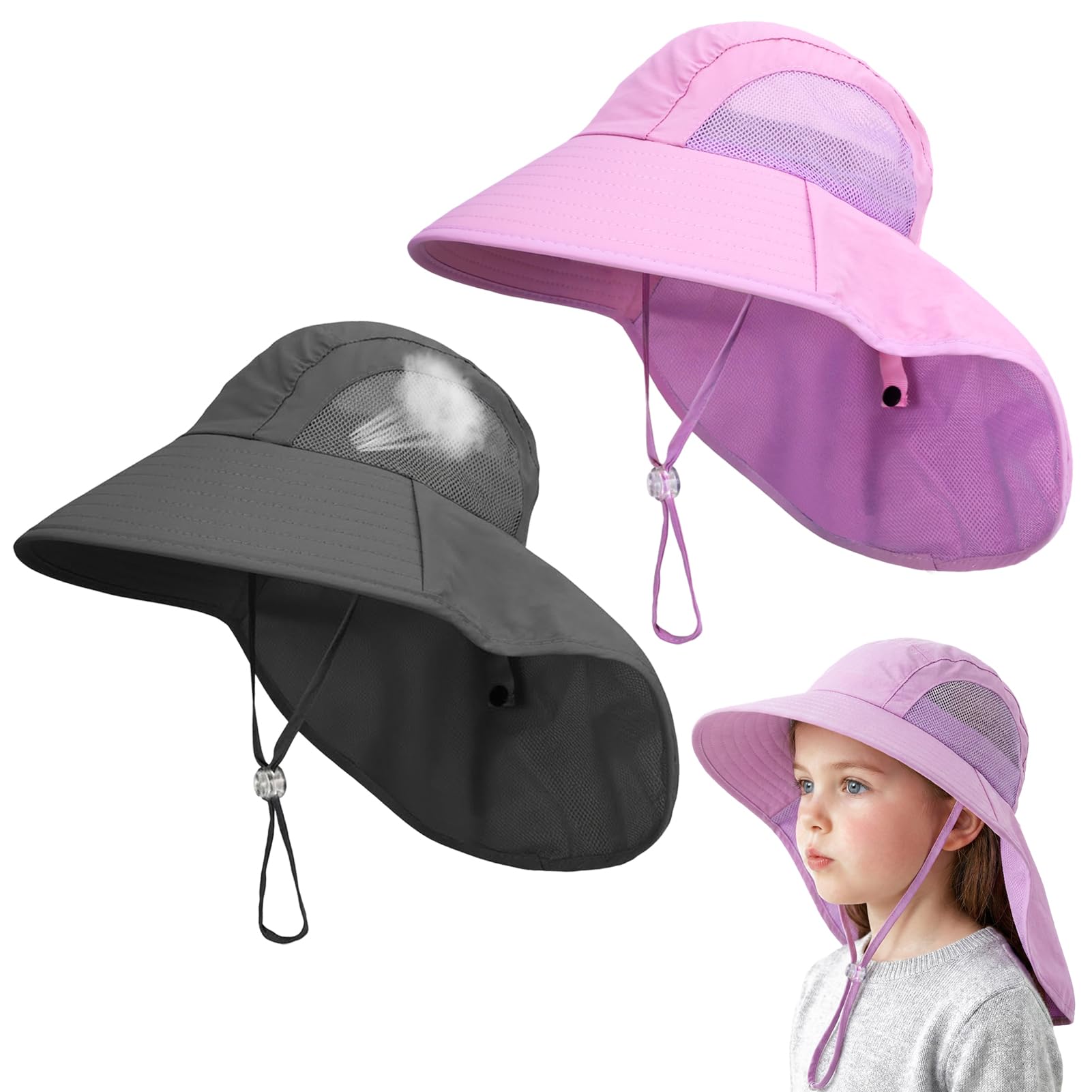 scenicamp 2 Pack Kids Sun Hat with Neck Flap, UV Protection 50+ Wide Brim Summer Beach Hat for Toddler Boys Girls - 2