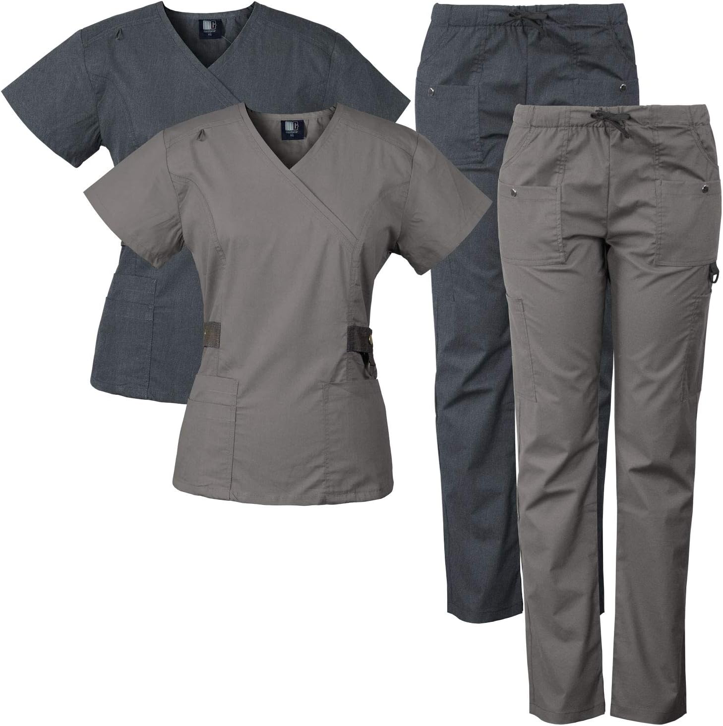 Medgear 2-PACK 12-Pocket Women's Scrub Set with Silver Snap Detail & Contrast Trim