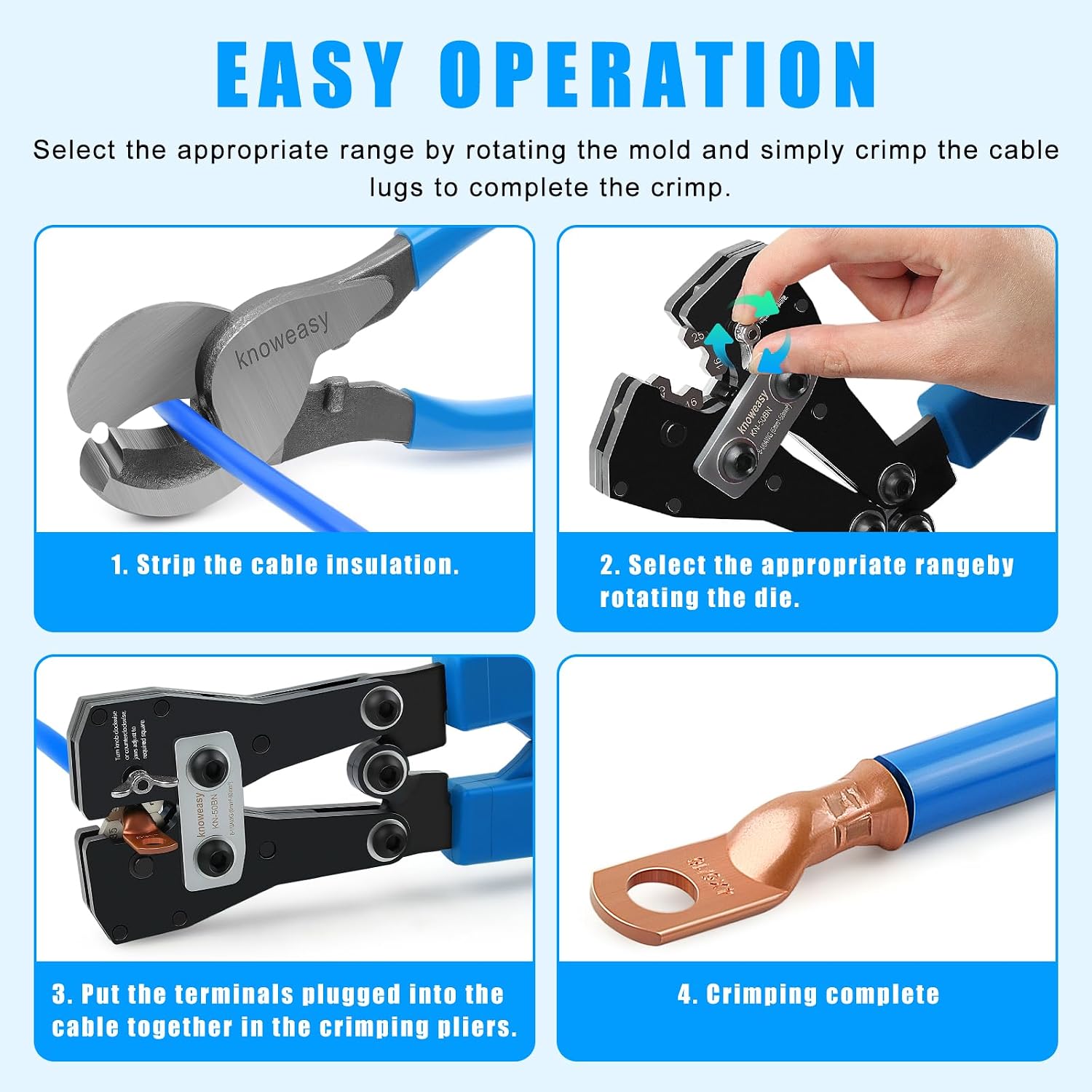 Knoweasy 50BN Battery Cable Crimper for 8-1/0 AWG Battery Cable Terminals and Lugs, Includes Rotating Crimping Dies for Precise and Reliable Connections