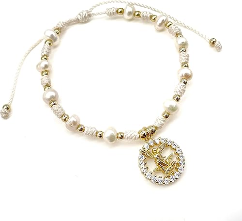 Miniatura 5 de St Michael Archangel Pendant Medal on Adjustable Ivory Cord and Freshwater Pearls Wrist Adjustable Bracelet (Ivory)