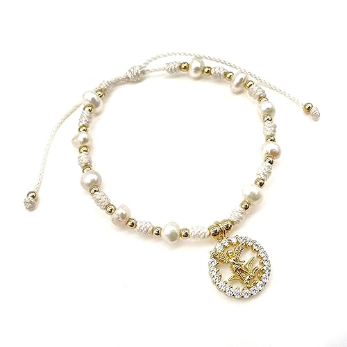 Miniatura 5 de St Michael Archangel Pendant Medal on Adjustable Ivory Cord and Freshwater Pearls Wrist Adjustable Bracelet (Ivory)