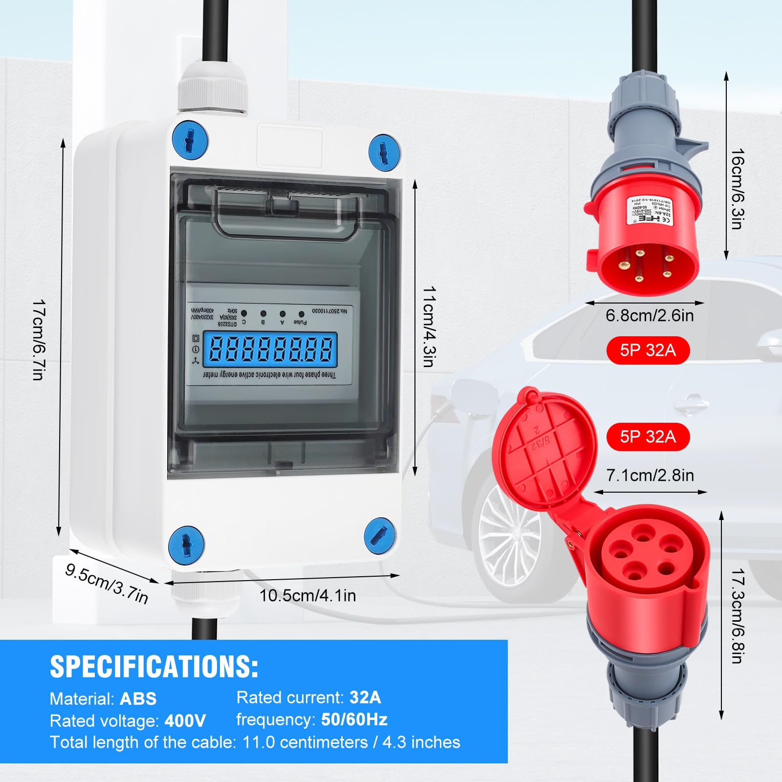 Mobiler Stromzähler, 3 Phasen Mobiler Stromzähler mit CEE Stecker und Kupplung, 32A 400V Mobiler Digitalzähler IP67 Mit Mit Rückstellfunktion, Zwischenzähler für Wohnwagen,Elektrofahrzeuge,Camping