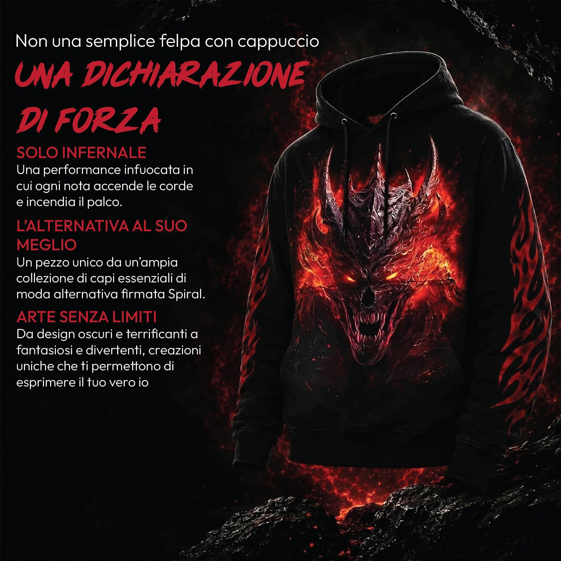 Spiral Riff Burner - Hoodie Uomo Felpa con Cappuccio Nero 100% Cotone Regular
