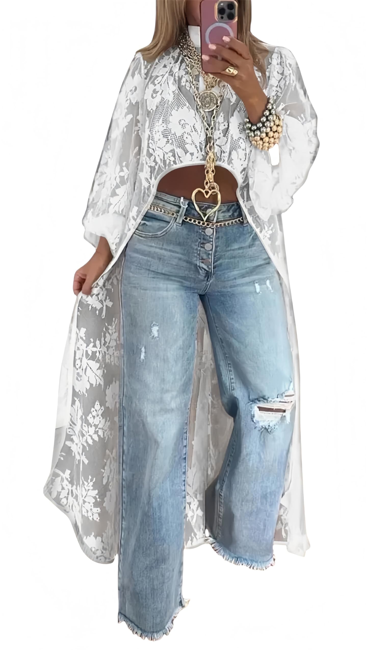 Camiseta casual de encaje con cuello redondo para mujer, parte delantera y espalda larga, dobladillo asimétrico, bordado transparente