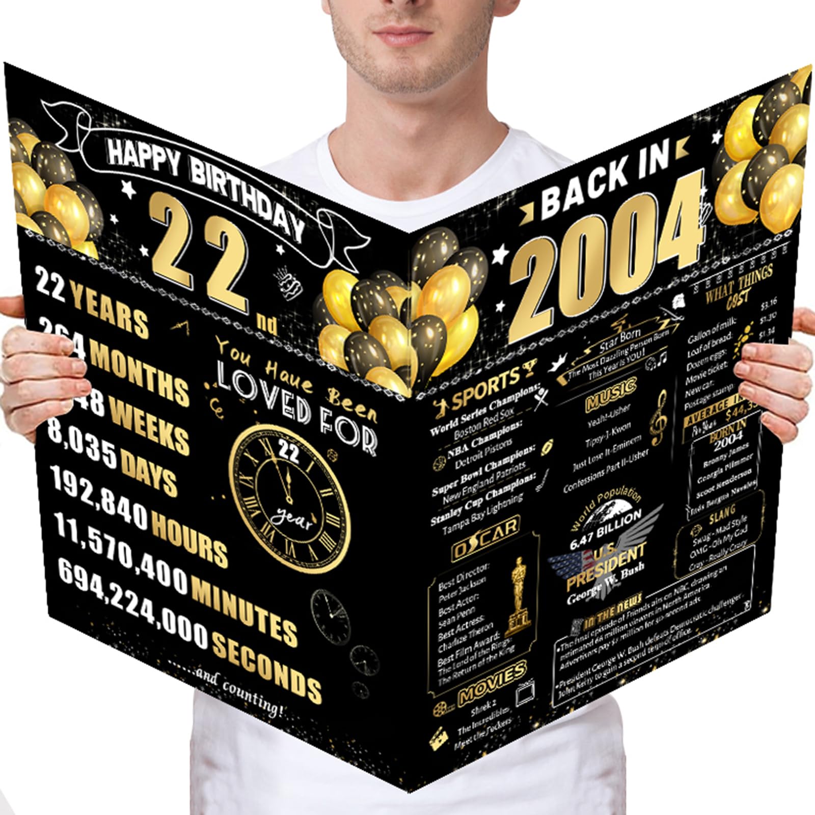 FOBELEC 22nd Jumbo Birthday Card with Envelope, Black Gold Retro Birthday Decorations for Her and Him, 22 Year Old Funny Birthday Gifts for Daughter and Son, Back in 2004