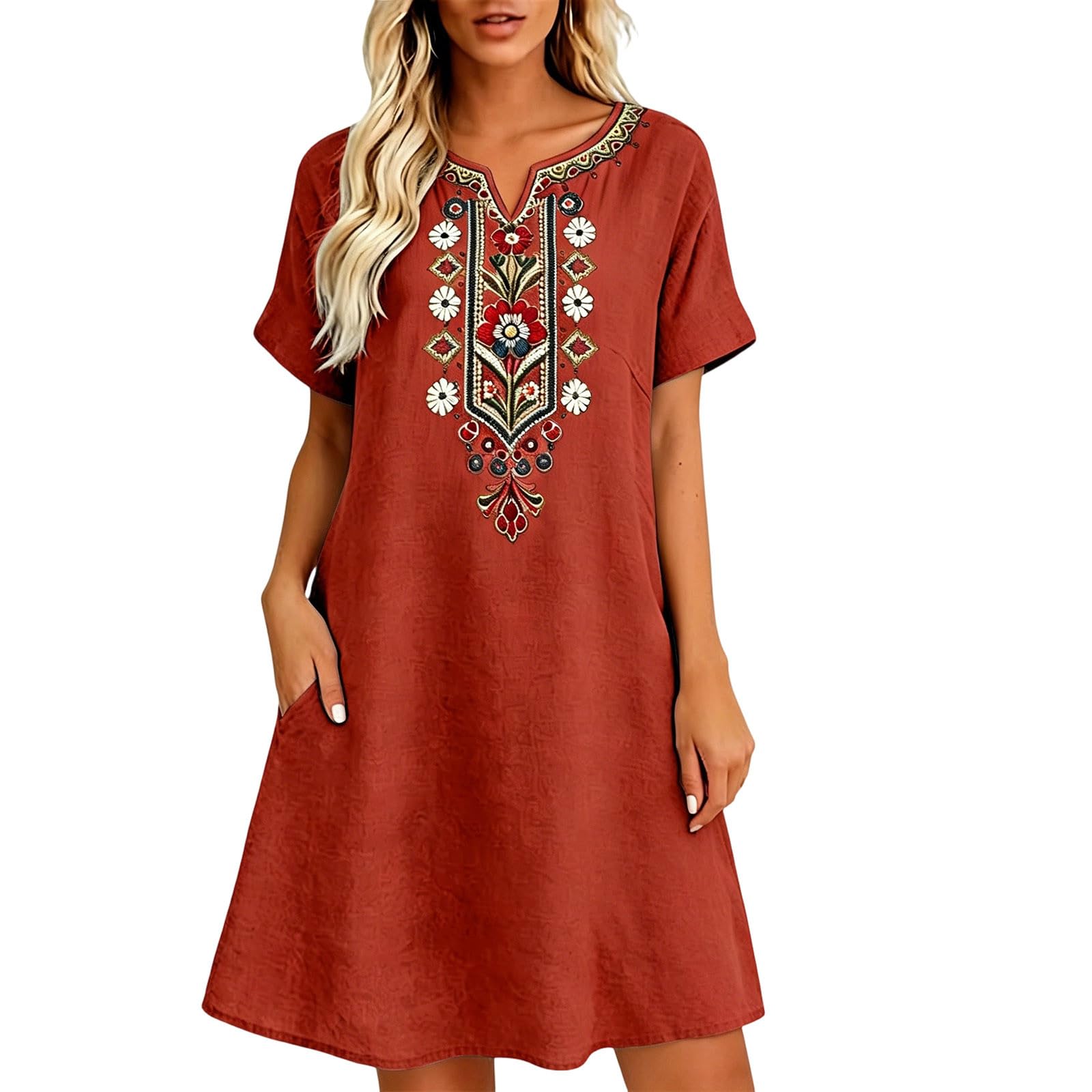 Vevpewshi Summer Boho Linen Dresses for Women UK 2026 V Neck Short Sleeve Casual Dress Beach Midi-Length Vacation Dresses with Pockets Ladies Sundress for Party