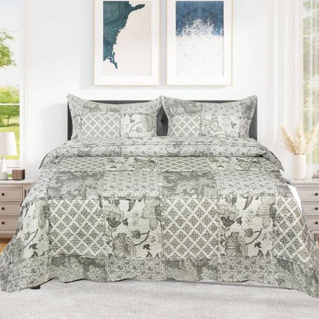 ZIYA HOMES Double Quilted Reversible Patchwork Bedspread Comforter Bed Throw with Pillow Sham Quilted Coverlet Bedding set Reversible Cotton Bedsheet