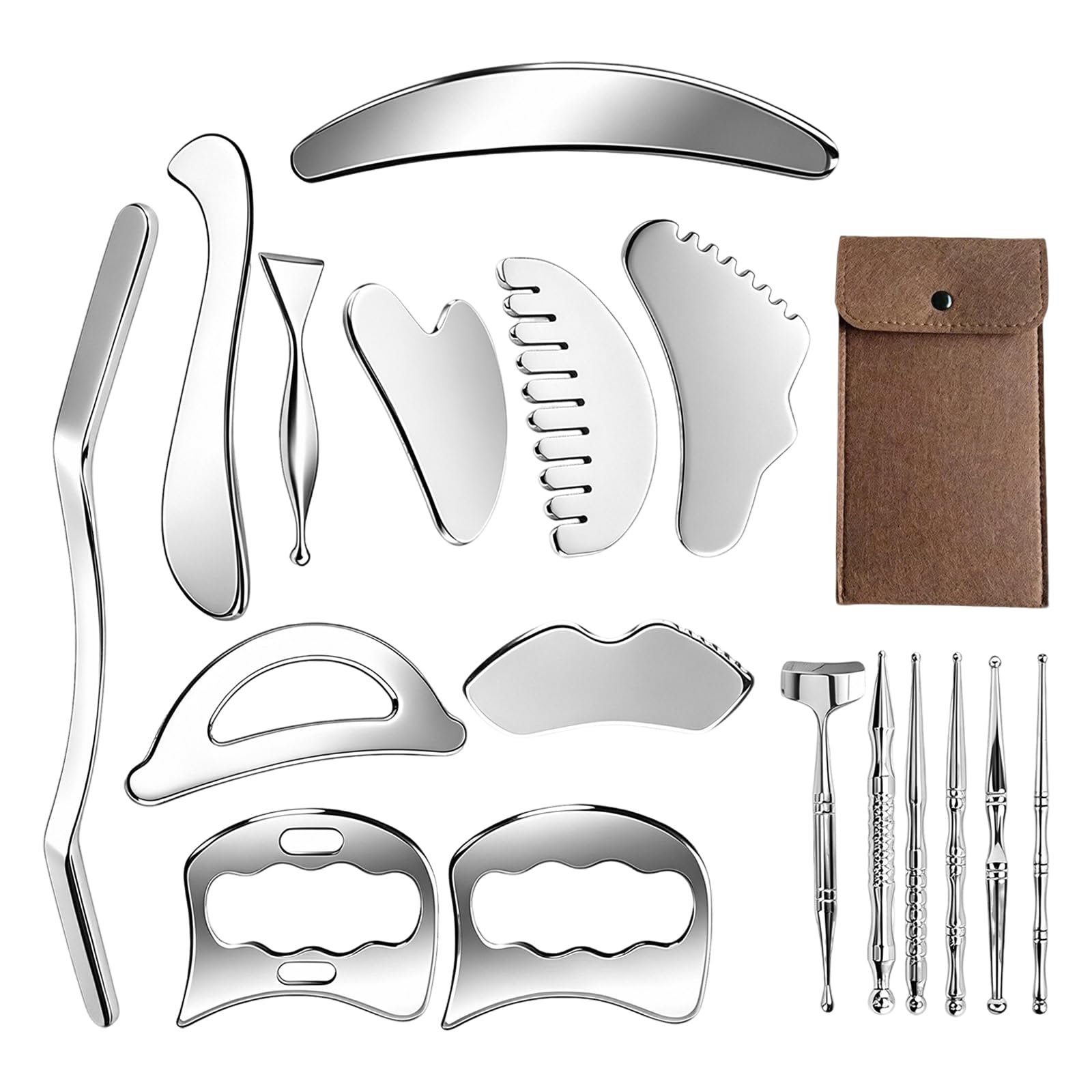 Set di raschietti per Gua Sha 17 in 1, in acciaio inox, per terapia fisica, corpo Gua Sha con organizer, strumenti per massaggio in tessuto morbido, per terapia di agopuntura, riduzione del dolore
