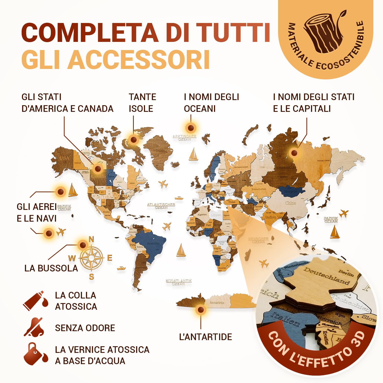 WOW WOOD Drewniana Mapa Świata - Italia (Wielokolorowy, 85.00 x 160.00 cms)