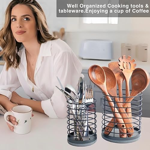 Miniatura 7 de Juego de 2 soportes para utensilios, soporte grande de metal para utensilios de cocina y cubiertos pequeños con base de piedra de diatomita, evita