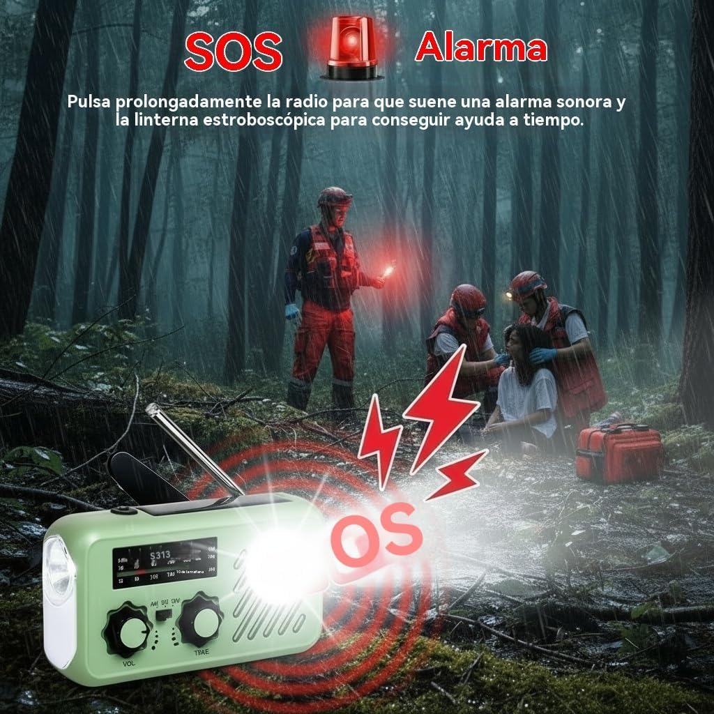 Radio de Emergencia Solar y Manivela, Radio FM/AM Portátil con Linterna LED, Luz de Lectura y Powerbank 2000mAh, Alarma SOS – Ideal para Camping, Regalo Hombre y Apagones