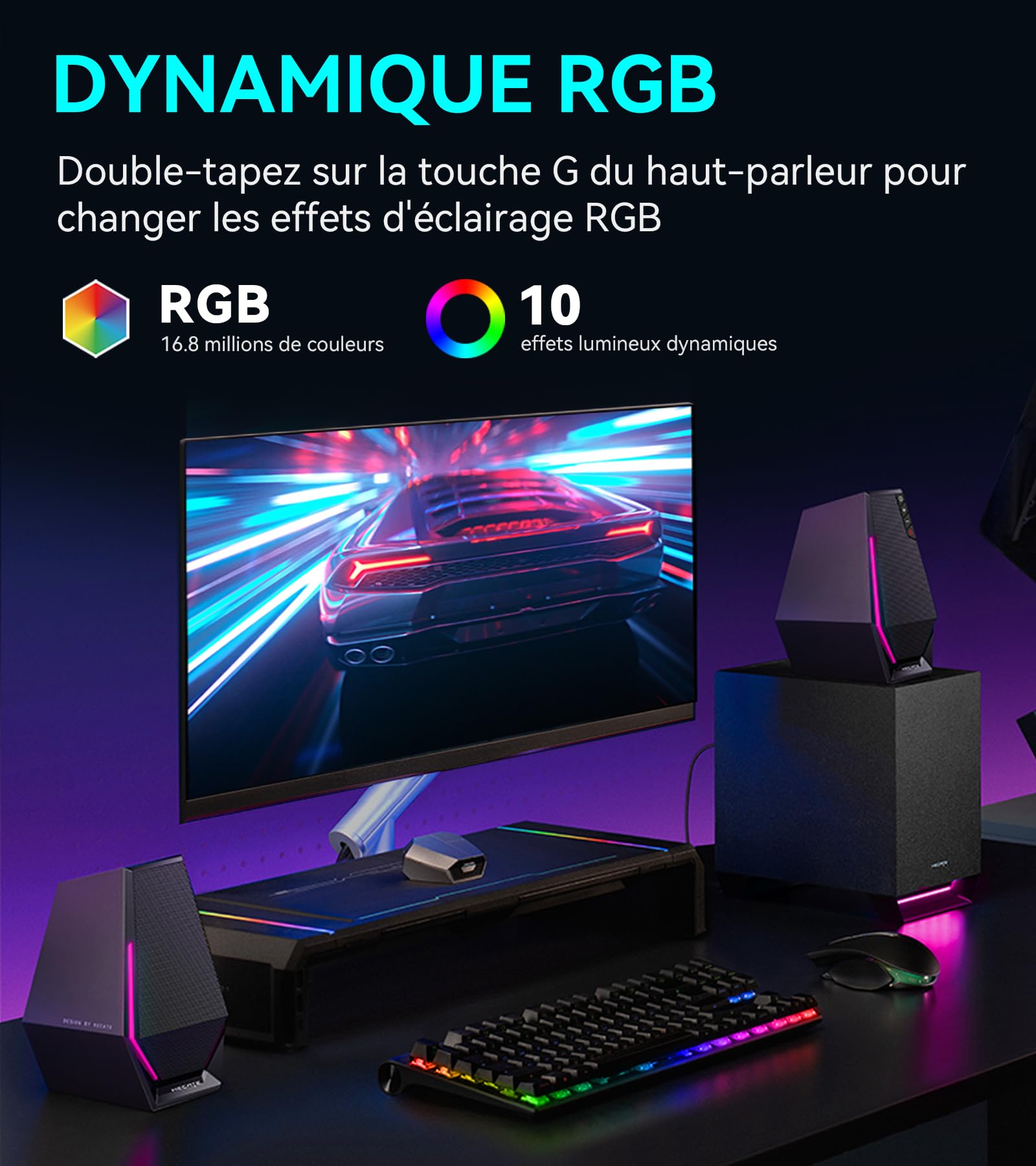 Edifier Hecate G1500 Max 2.1 Système de Hauts-Parleurs pour Ordinateur, Enceintes Gaming 60W avec Sortie Ligne Subwoofer, Lumière RGB, Bluetooth 5.3, USB