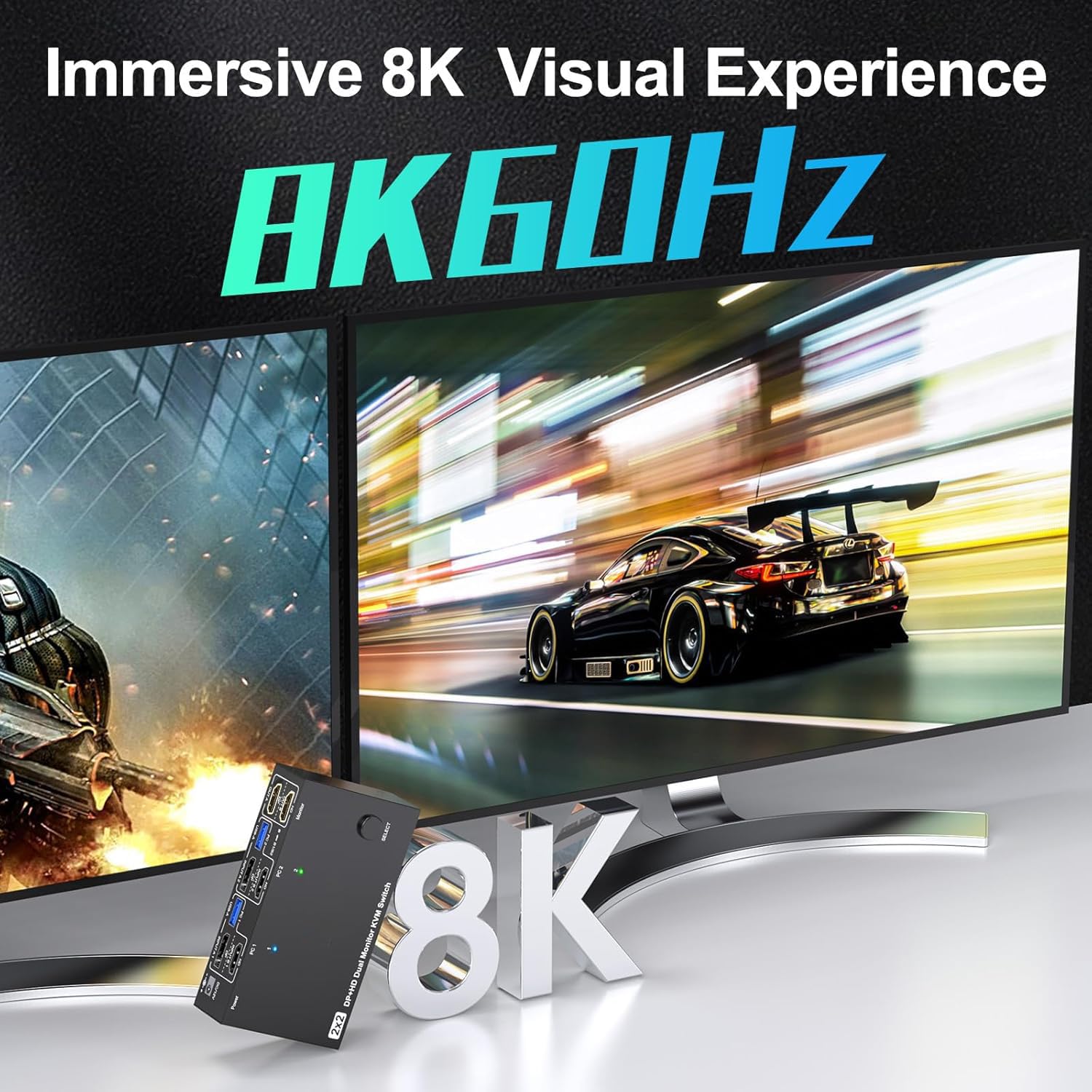 8K@60Hz KVM Switch 2 Monitors 2 Computers 4K@120Hz,HDMI+DP Dual Monitors KVM Switches for 2 PC Sharing 2 Monitors with 4 USB 3.0 Ports,with Wired Remote, USB Cables