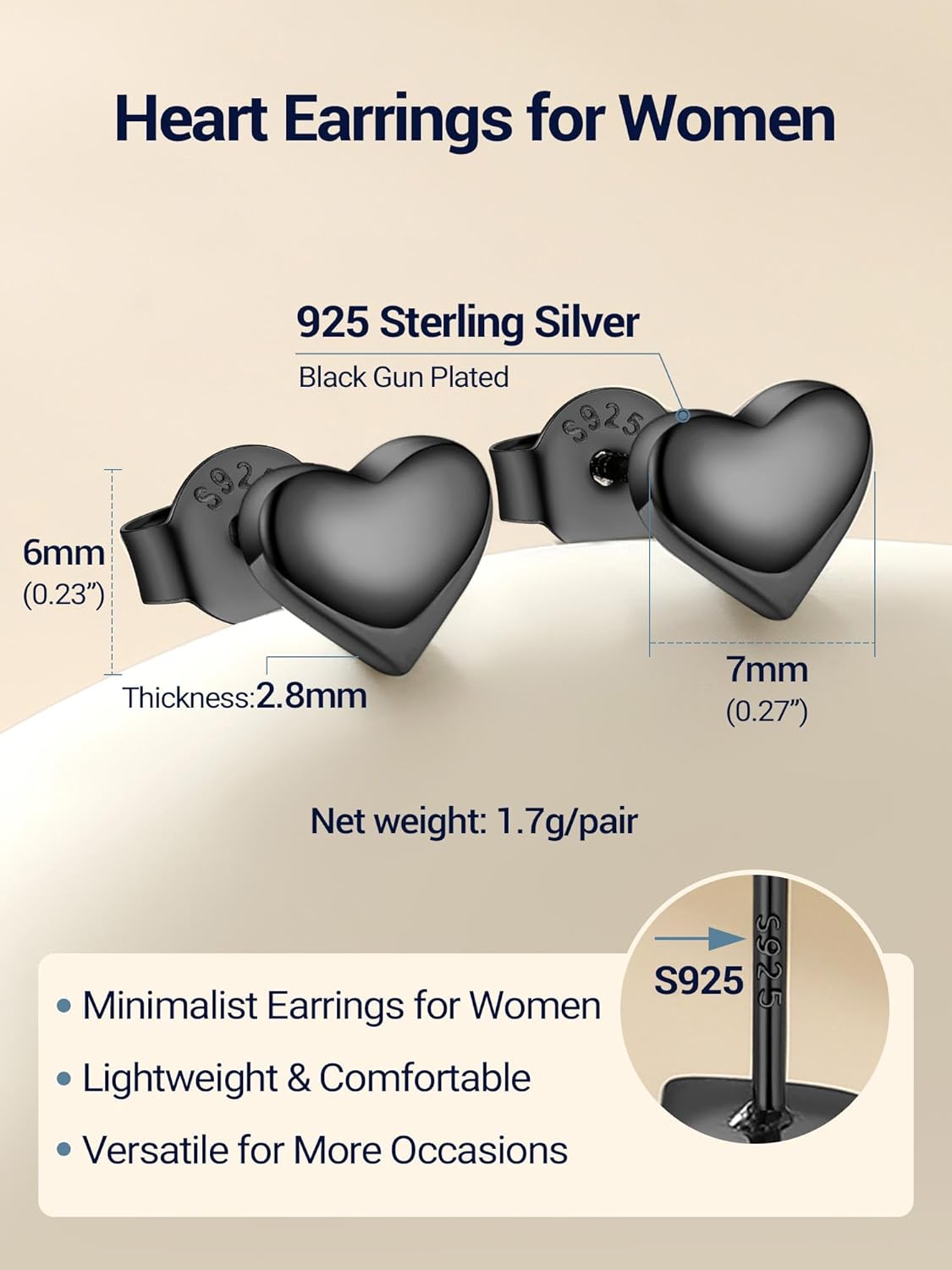 PROSILVER 925 Sterling Silver Studs Earrings for Women, Hypoallergenic Earrings Silver/Gold/Black Flat Back Stud, Heart/Moon Cute Earings Jewelry - Image 4