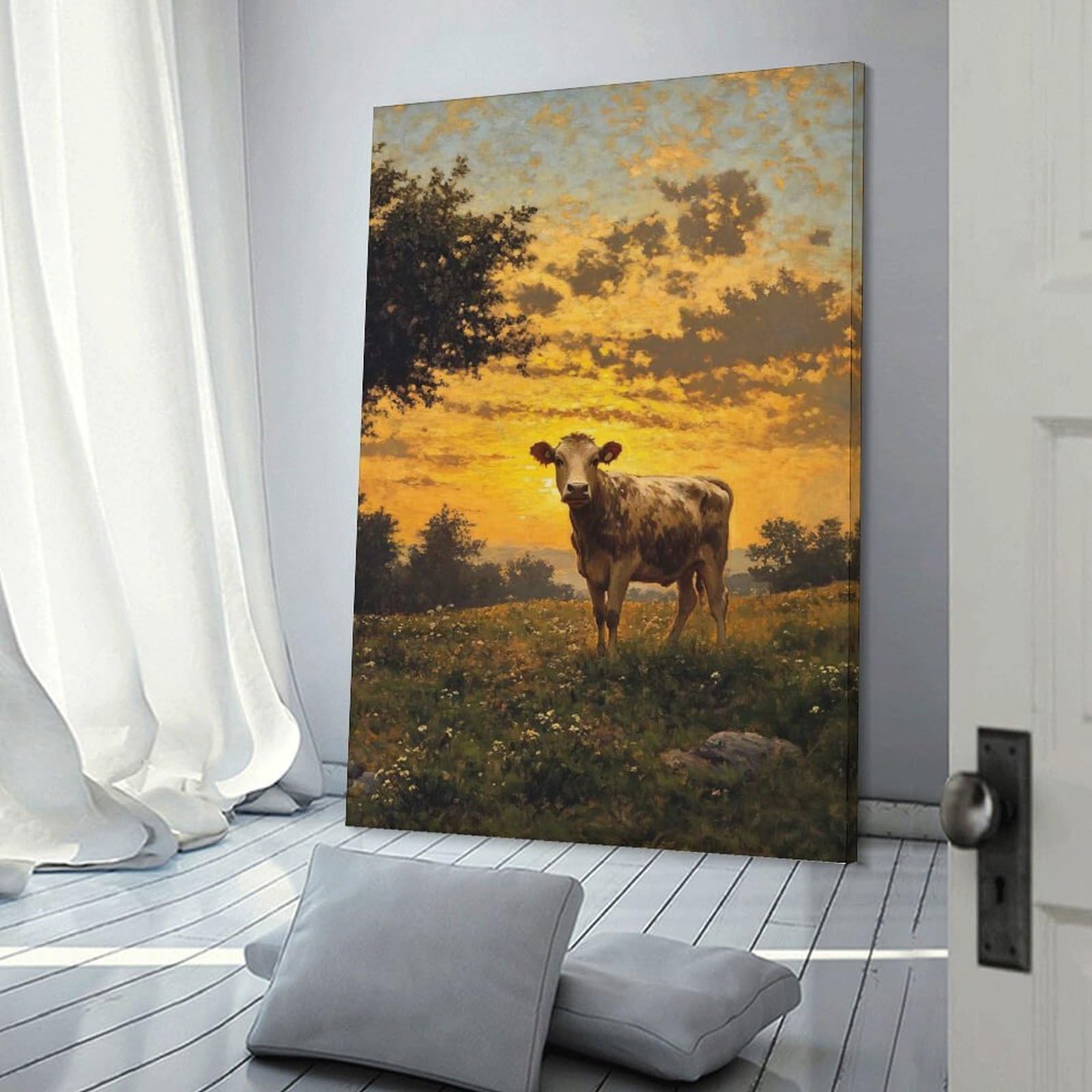 Junmoney Frame-Style-6 Canvas Art Print Cow At Sunset, 24X36inch(60X90cm), For Office, Study Or Home Workspace, Wall Art That Adds Style To Work Areas