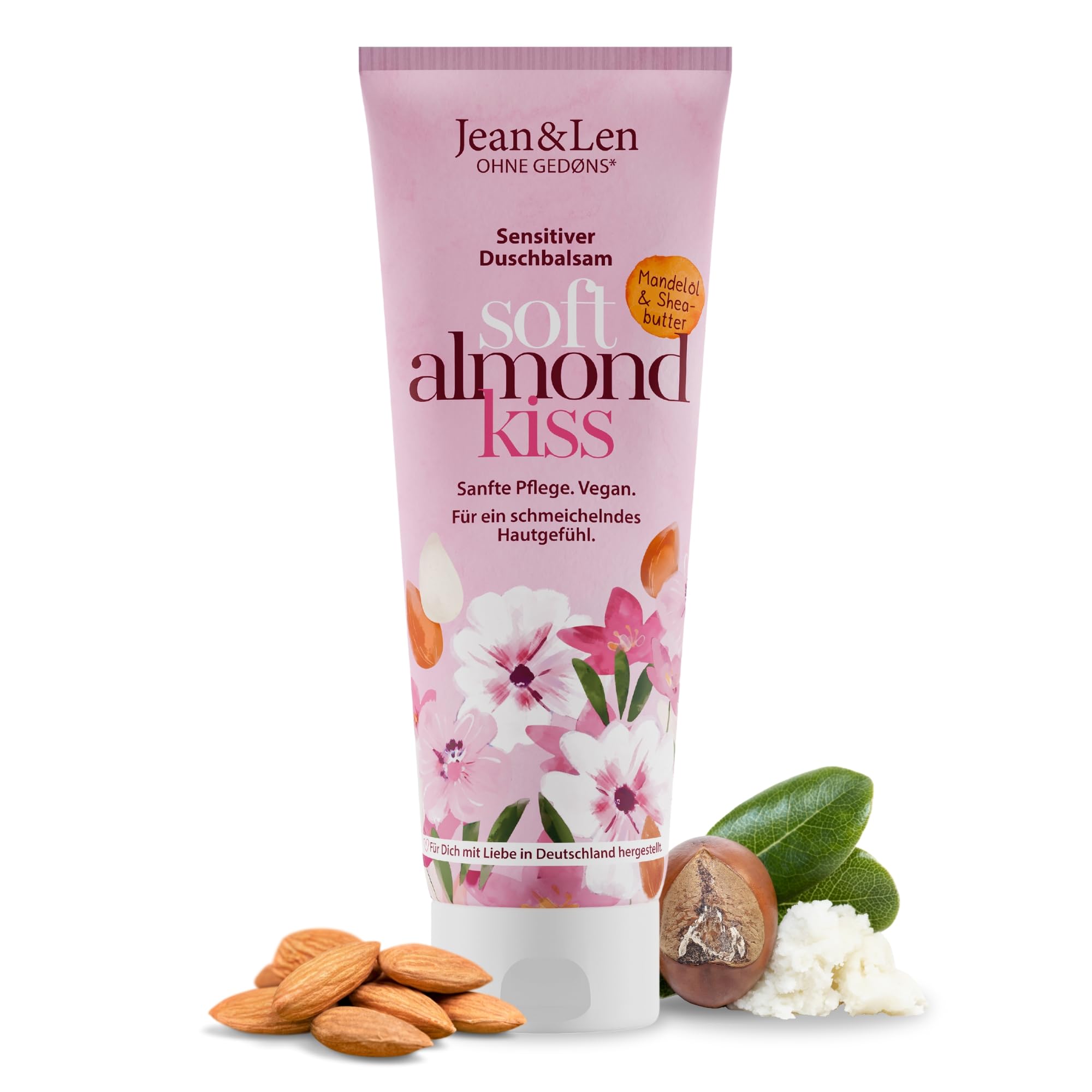 Jean & Len Sensitiver Duschbalsam Mandelöl & Sheabutter, reinigt die Haut sanft und schonend, für trockene & empfindliche Haut, mit pflegend-süßem Mandel-Duft, ohne Parabene & Silikone, vegan, 250 ml