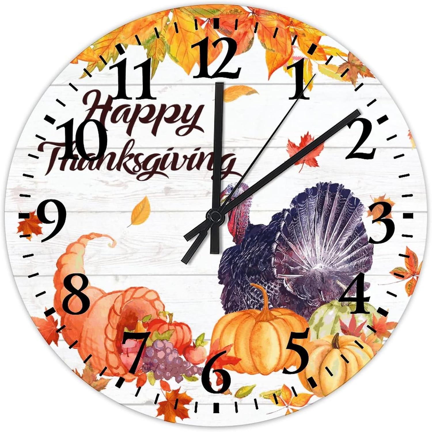 15 Inch Happy Thanksgiving Day Funny Turkey with Pumpkins Maple Leaves Wooden Clock Battery Operated Autumn Thanksgiving Pumpkin Kitchen Clocks Wall Round Clock for Home Living Room Office Decoration