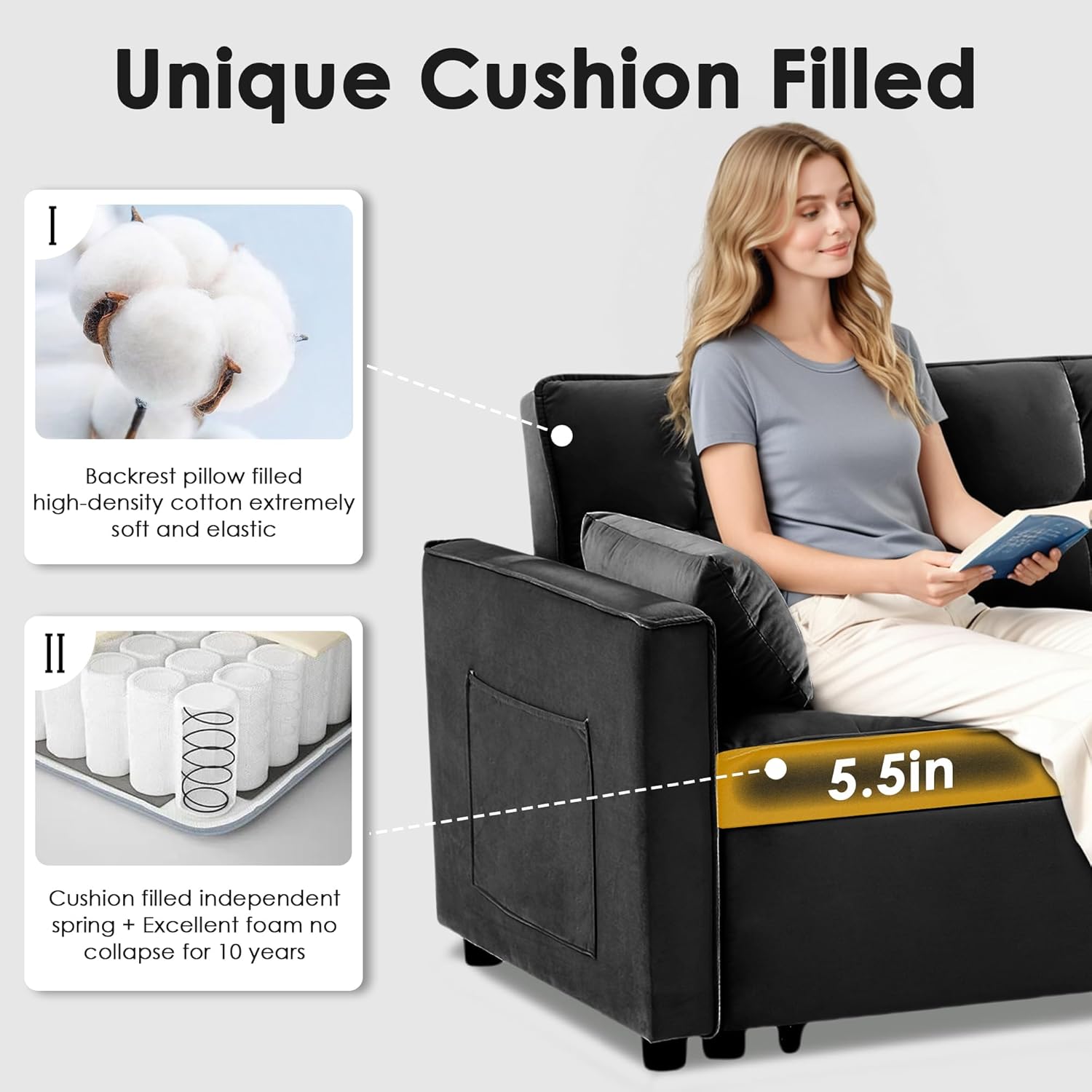 Sleeper Sofa Bed,55'' Convertible Pull Out Couch with Side Pockets,Velvet Fabric Loveseat Sleeper Sofa with Adjustable Backrest for Living Room,Apartment(Black)