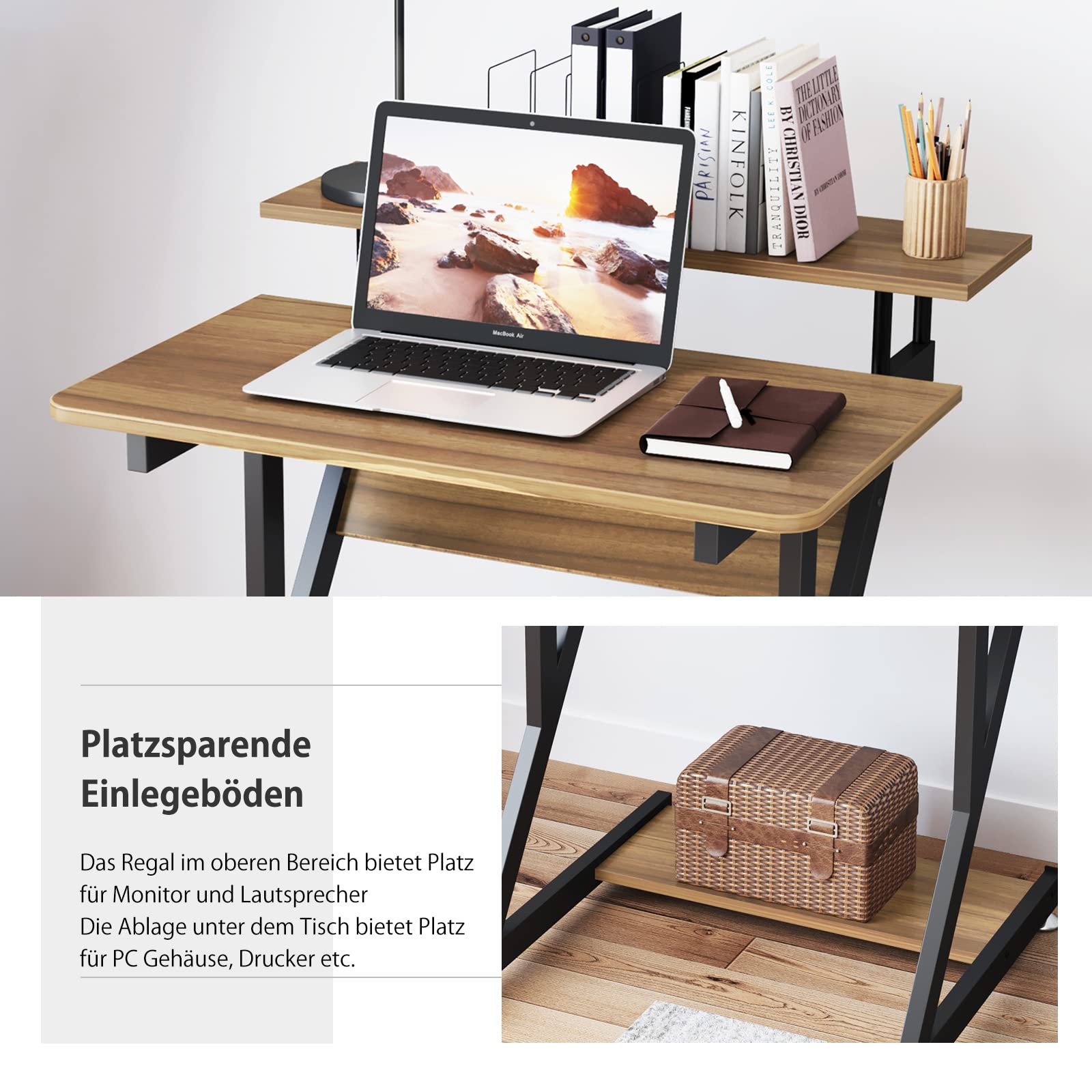 Dripex Scrivania per Computer con Ruote Scrivania 70x60x79 cm Tavolo Porta PC Salvaspazio Z-Tavolo Mobile per Laptop con Ripiani per Piccoli Spazi Home Office (Marrone)