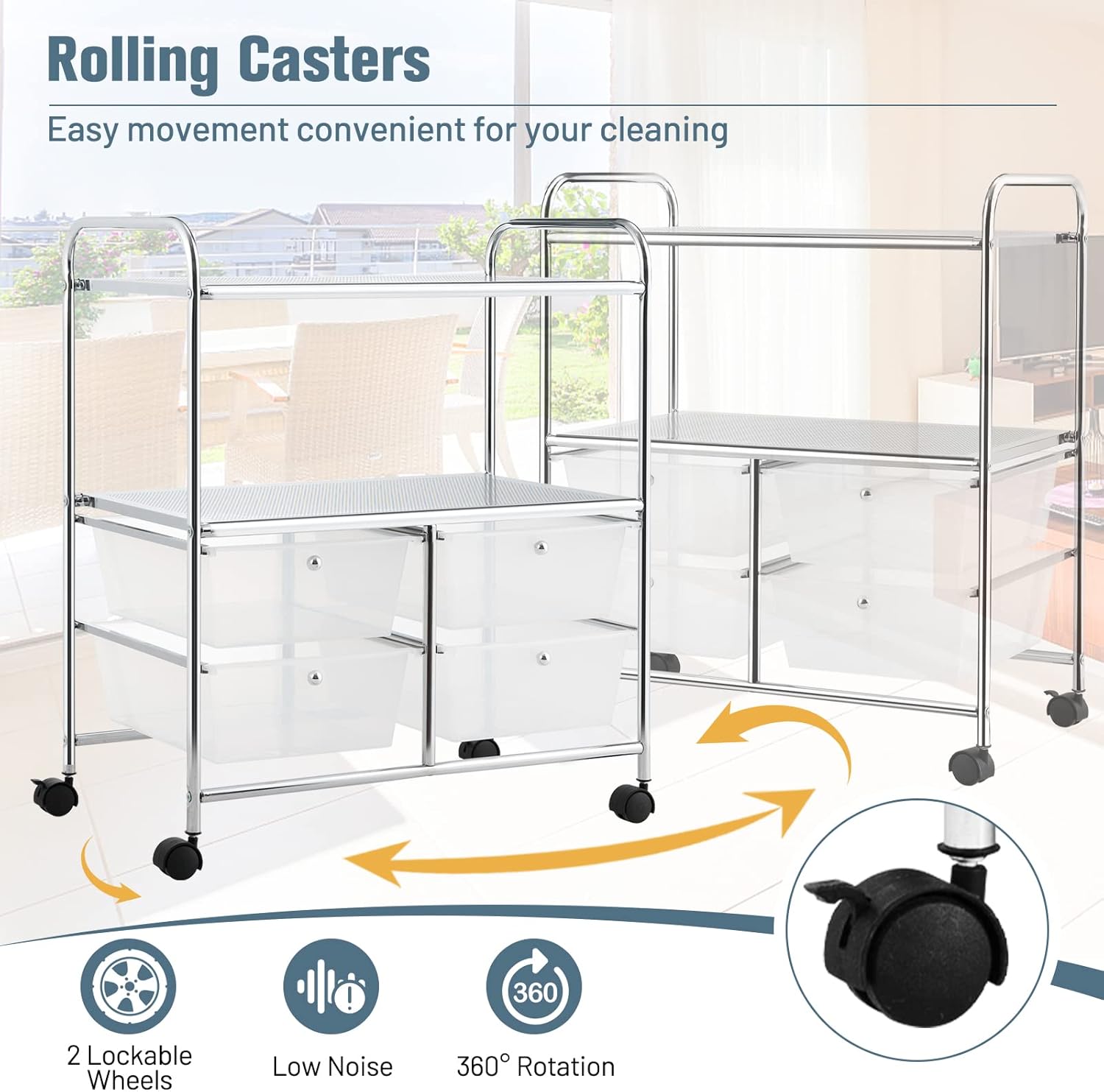 Image showing the 360 degree rotating caster wheels, with an inset showing the lockable wheel mechanism