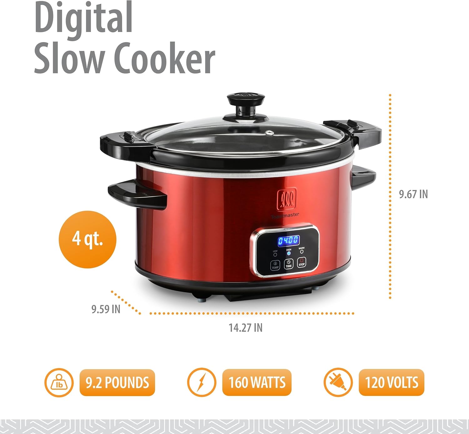 Toastmaster 4-Quart Digital Slow Cooker with Locking Lid - Food Warmer for Dip, Soups, Parties, Meal Preparation & More - Red