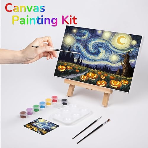 Miniatura 2 de VOCHIC Lienzo predibujado para pintar para adultos y niños, suministros de fiesta de pintura de Halloween y sorbos, kits de fiesta de pintura de
