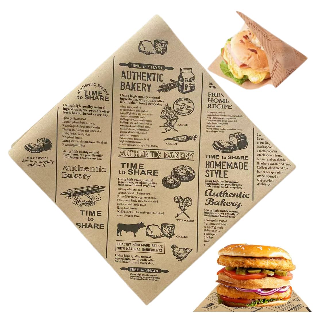100 Feuilles Papier Emballage Alimentaire 15×15 Cm – Résistant Huile, Imperméable, Burger & Frites