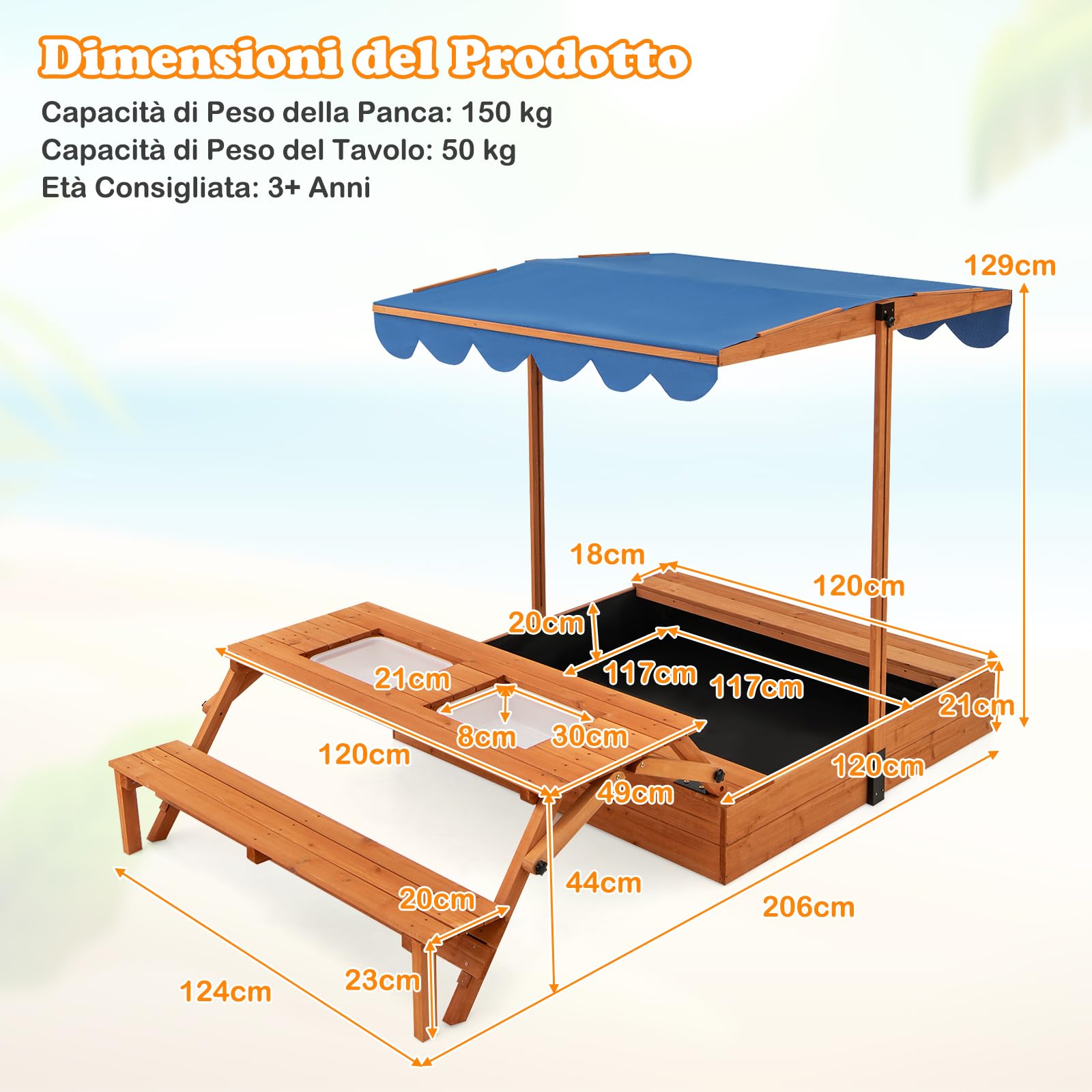 Sabbiera Per Bambini Con Cucina Giocattolo In Legno Di Abete - 135x125x20 Cm, Con Accessori Da Cucina, Fodera Inferiore, Per Giardino E Cortile