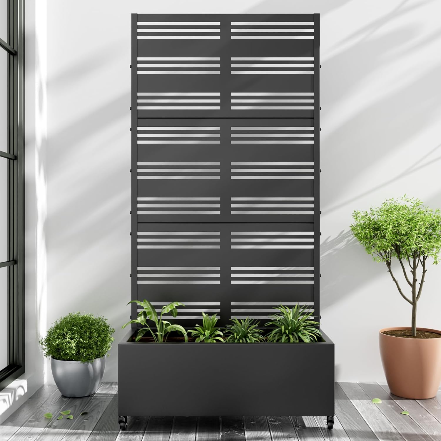 Casaphoria Metal Raised Garden Bed with Trellis and Wheels, 72"x35"x16" Planter Box for Climbing Plants, Vegetables & Vines, Features Drainage Holes and Privacy Screen (Black-Harold)