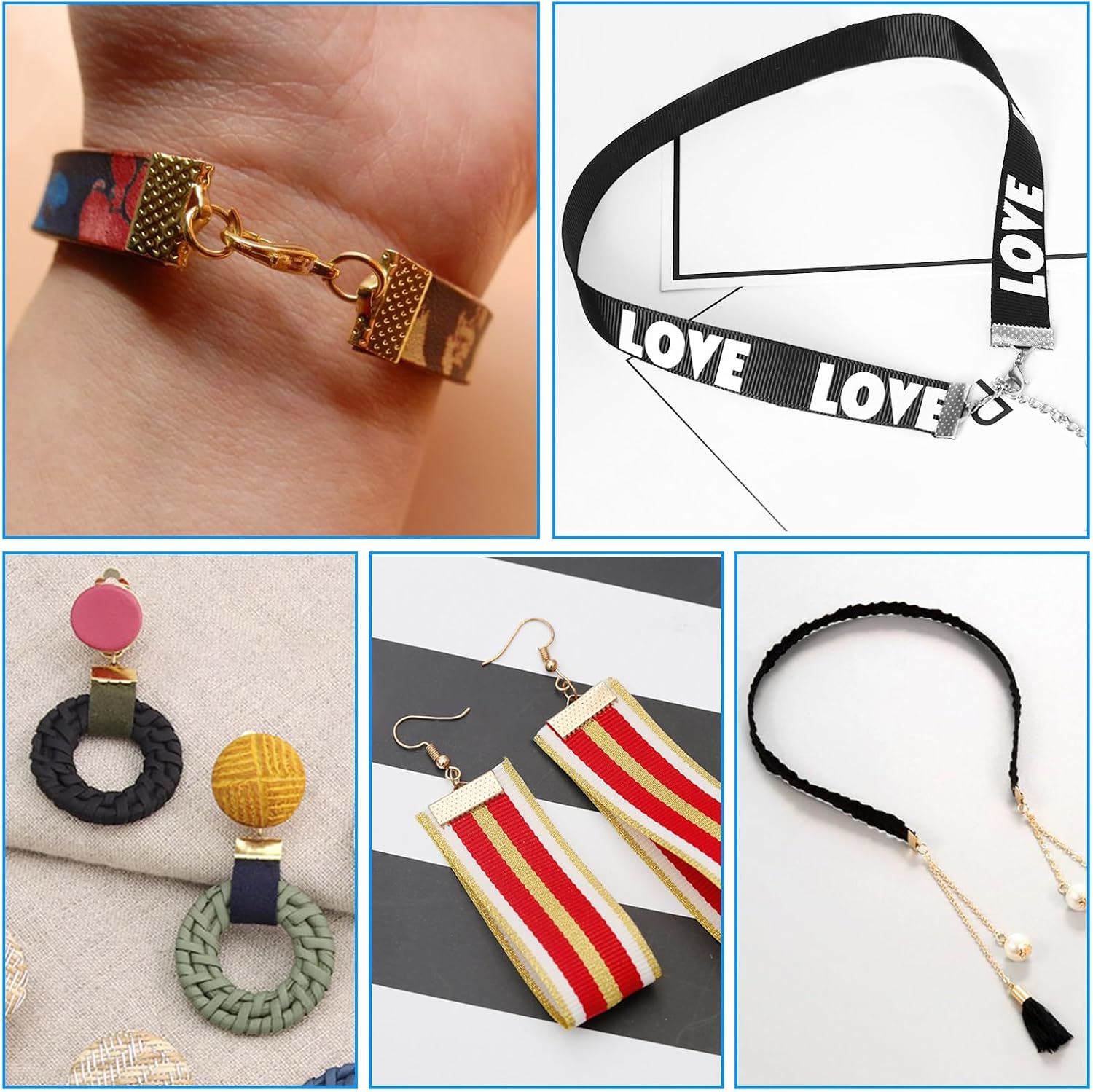 500Pcs 5Colors Pinch Clamps for Jewelry Making, Ribbon, Leather Clamps Bracelet, Necklace, Choker, Anklet, Bookmark Crafts (5 Sizes)