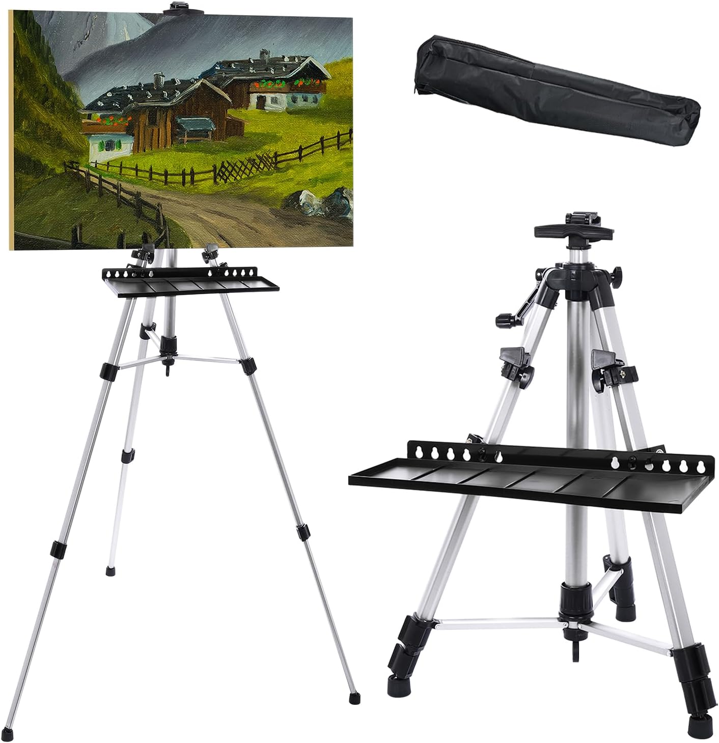 PATIKIL Artist Easel Stand, Paint Easel for Canvas Painting with Detachable Tray, Metal Tripod Easel Adjustable Height from 20 to 61 Inch for Table-Top/Floor Painting Drawing, Silver