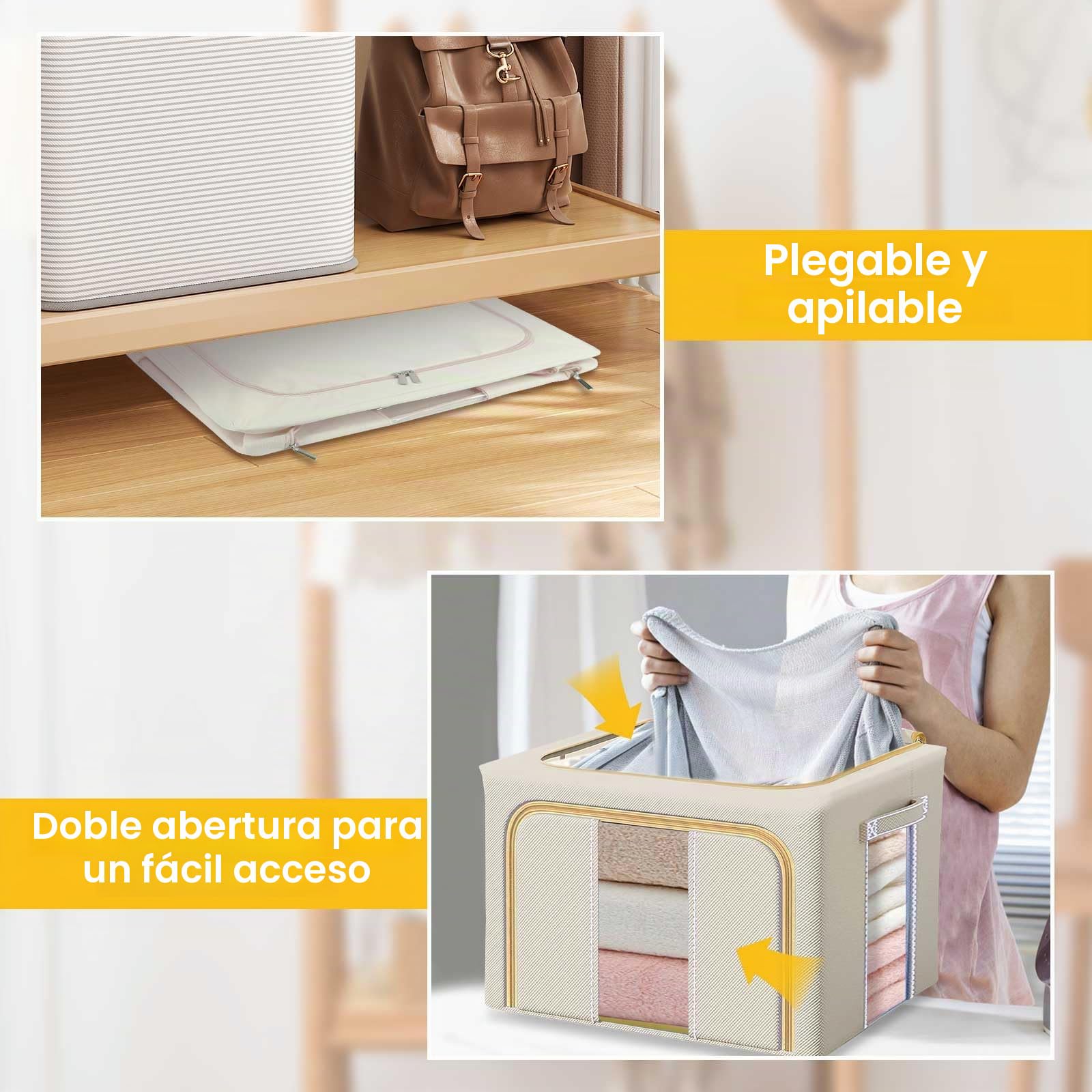 Paquete de 3 cajas de almacenamiento apilables para ropa, bolsa de almacenamiento plegable de 66 L con marco de acero, ventana transparente, apertura frontal con cremallera y asas, organizador de