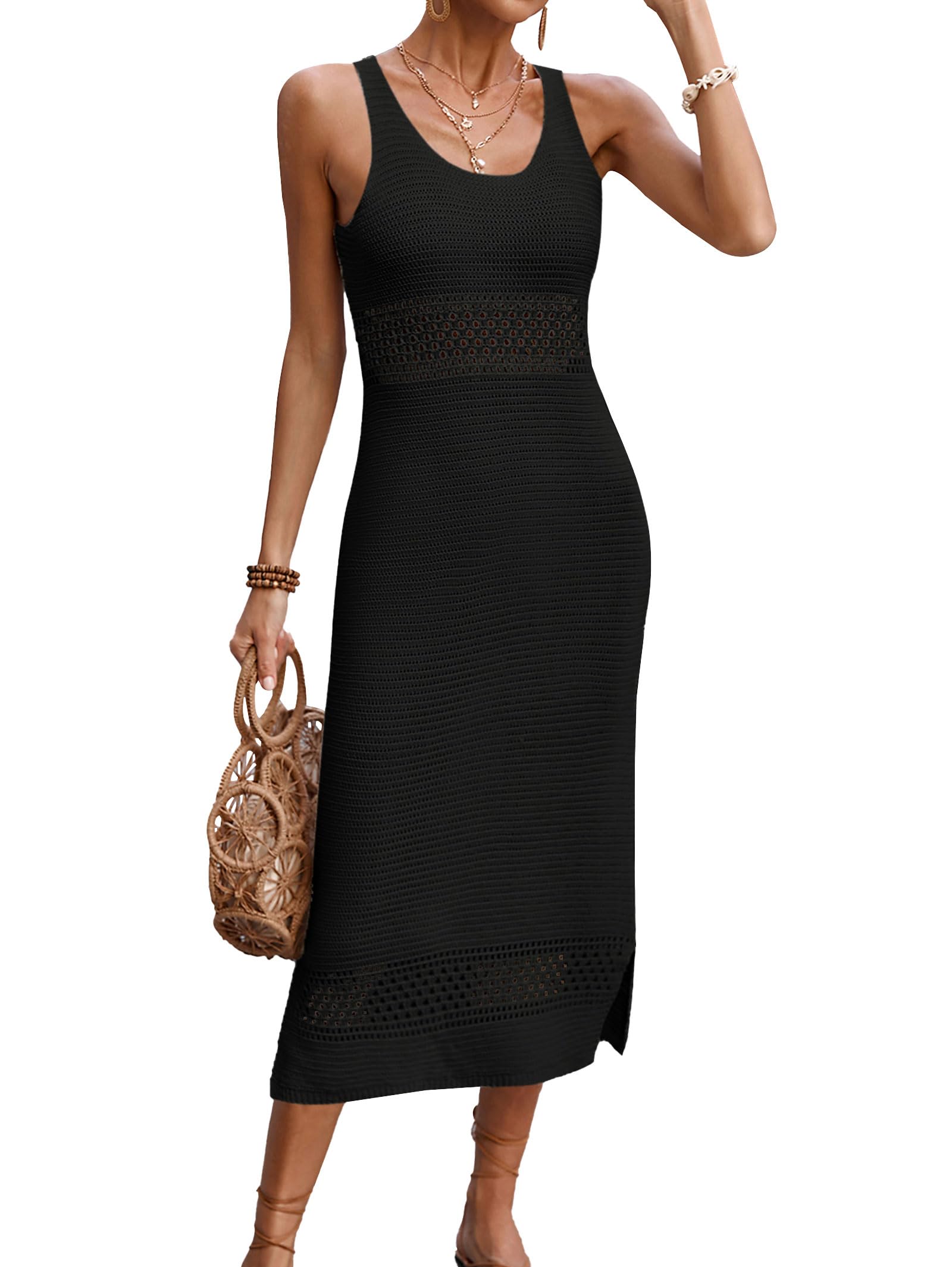 Photo 1 of BreathSunny Womens Crochet Swimsuit Beach Cover Up 2026 Bathing Suit Swim Bikini Coverups Sleeveless Mesh Knit Swimwear Pool Coverup Midi Dress Black L