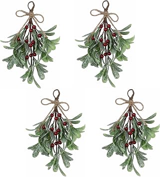 Mistletoe Decoration 9 Inch Mistletoe Christmas Decor with Berries Artificial Mistletoe Pick Kissing Ball Christmas Mistletoe Hanging Ornament for Tree Door Holiday DecorRed 4pcs