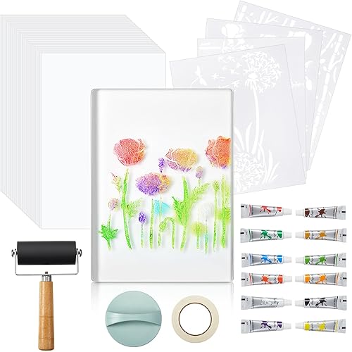 Fuyoooo 5" x 7" Gel Printing Plate Kit with Brayer, Stencils, Acrylic Paints, Printing Paper, Reusable Gel Plate for Art, Crafts, Printmaking, Stencils, Stamps, Easy to Clean, Beginner Friendly