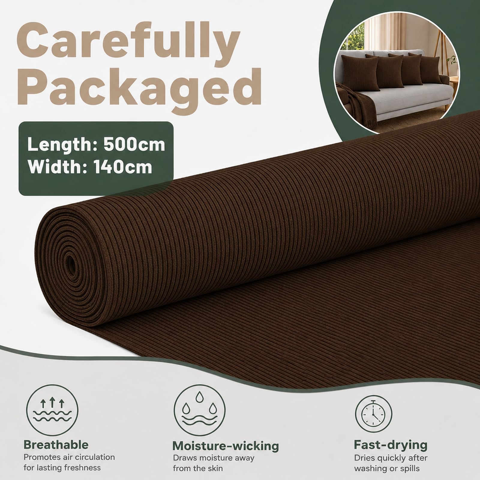 Tissu velours côtelé au mètre - 500 x 140 cm - Tissu d'ameublement - Pour bricolage, couture, artisanat, meubles, canapé, taies d'oreiller, vêtements (marron foncé)