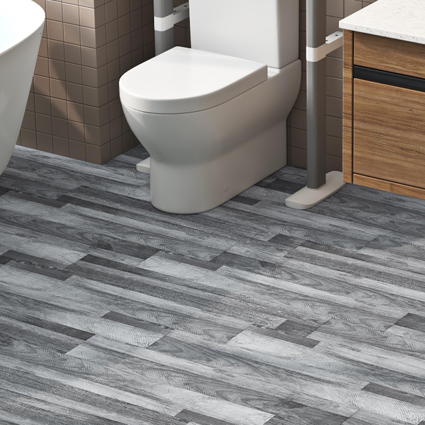 Livelynine Pavimento PVC Adesivo Effetto Legno - Listoni Finto Parquet 90x15CM Impermeabile Piastrelle Adesive Pavimento Bagno Cucina Pavimenti Adesivo per Interni Linoleum Pavimenti Salotto, 18 Pezzi
