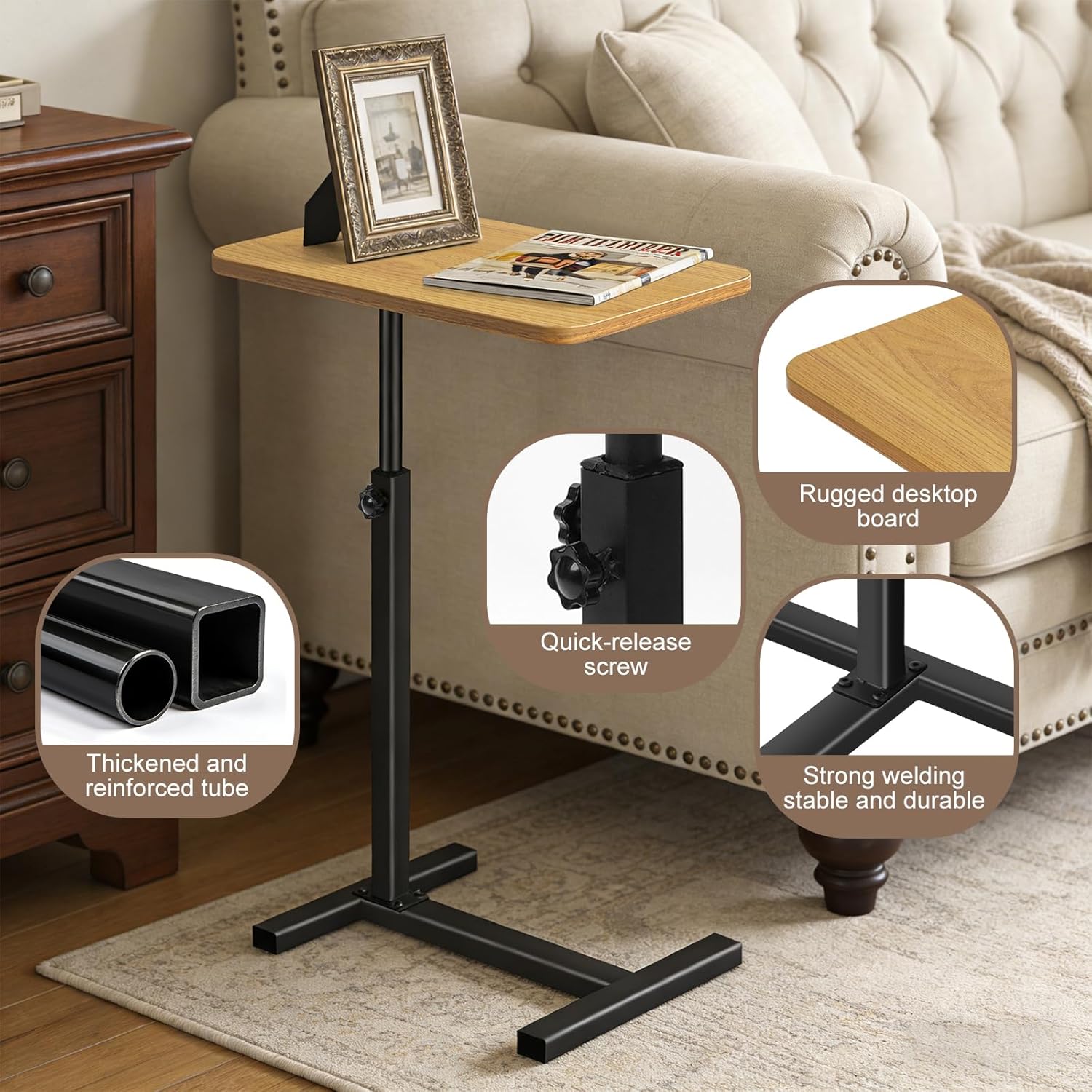 Tinysun C Shaped Small Side Table,Adjustable Tv Tray Side Table for Bedroom,Couch Bed Table TV Trays for Eating with High-Density Board & Carbon Steel Base