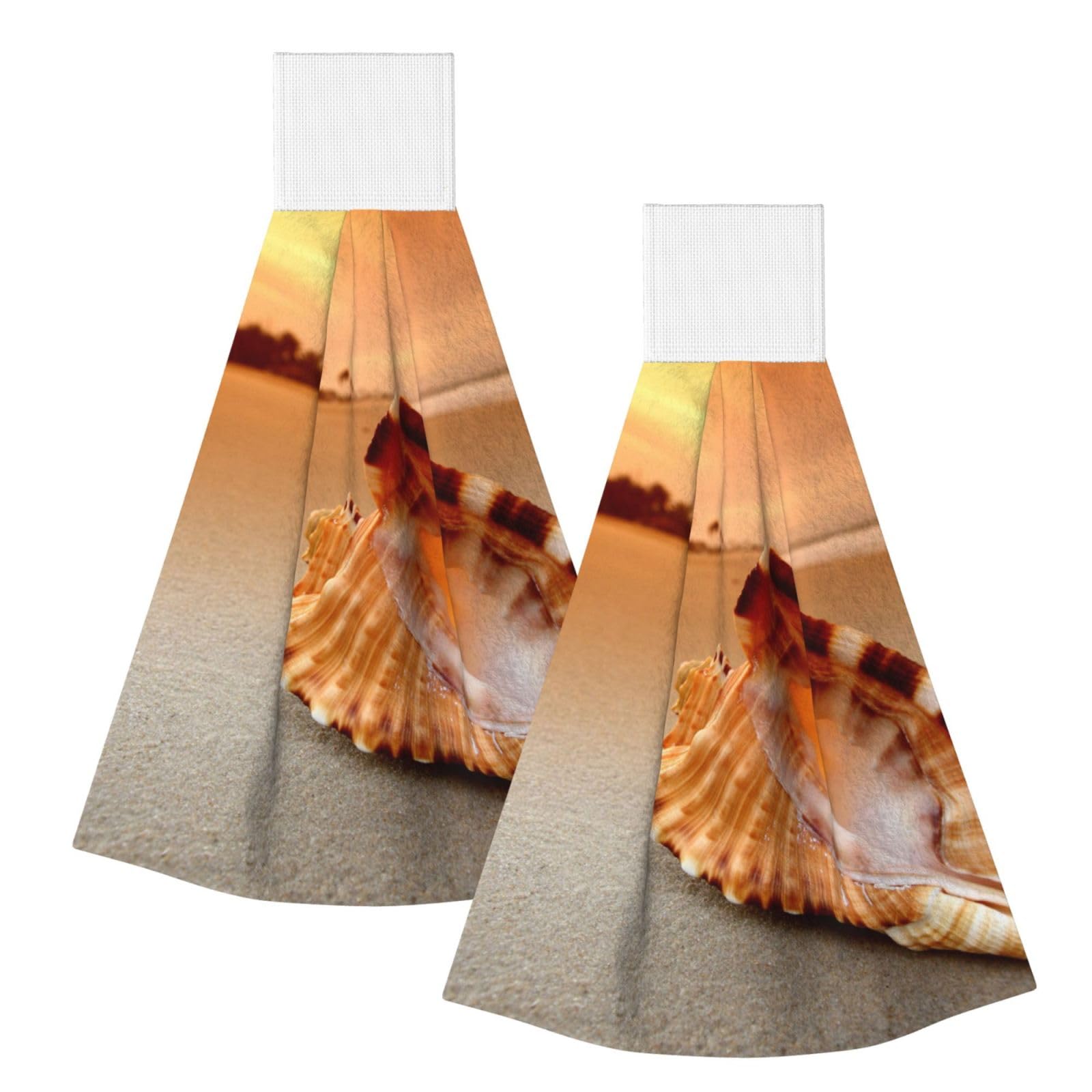DOPKLNA Sunset Over The Sea The Shell Conch, 2 Pcs Hanging Coral Fiber Hand Towels for Bathroom, Absorbent Kitchen Towels