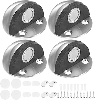 M METERXITY 4-Pack Floor Mounted Door Stops, Stainless Steel Half Dome Magnetic Gate Stopper with Plastic Rubber Bumper for Living Room/Bedroom/Bathroom, Wall Protector [Silver Tone]
