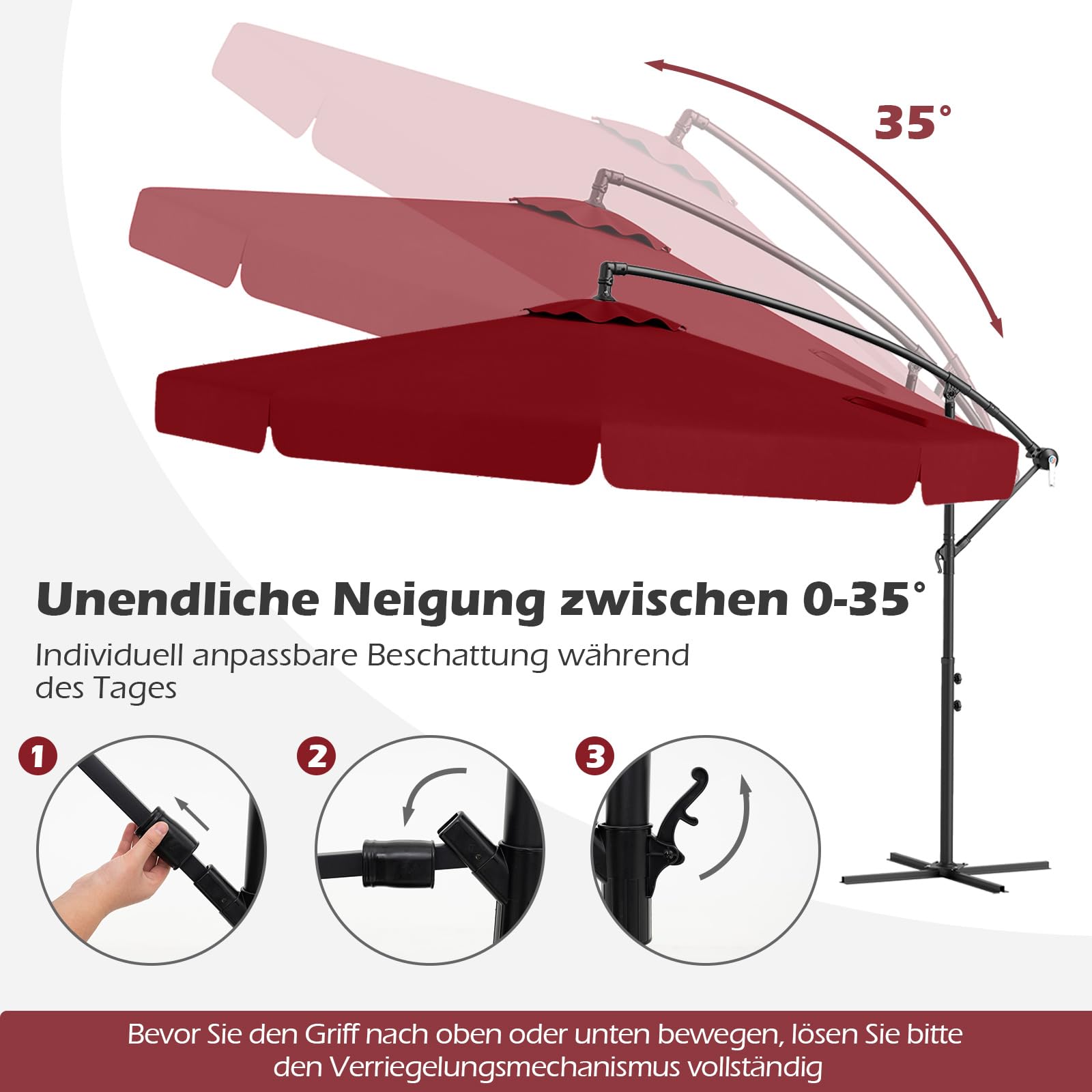 COSTWAY Sonnenschirm 300 cm, inkl. Schutzhülle, Ampelschirm mit Kurbel und Volant, Neigungswinkel verstellbar, Gartenschirm, Marktschirm, Terrassenschirm für Garten, Pool, Terrasse (Rot)