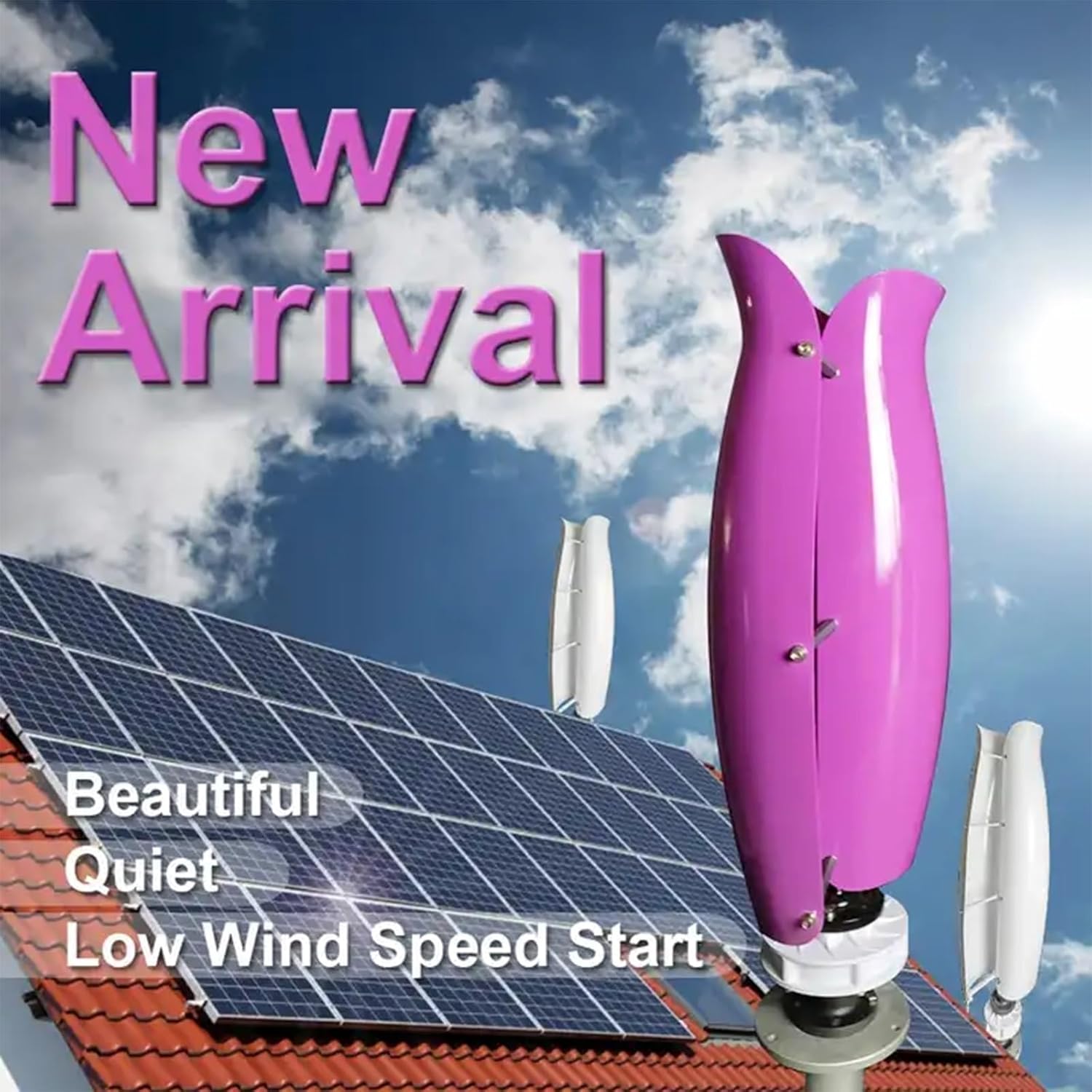 5KW Vertical Axis Wind Turbine Kit - 12V/24V/48V, Low Start-Up Wind Speed, Hybrid Wind & Solar Power System with Controller & Solar Panel, Efficient Breeze Start (Purple, 48V)