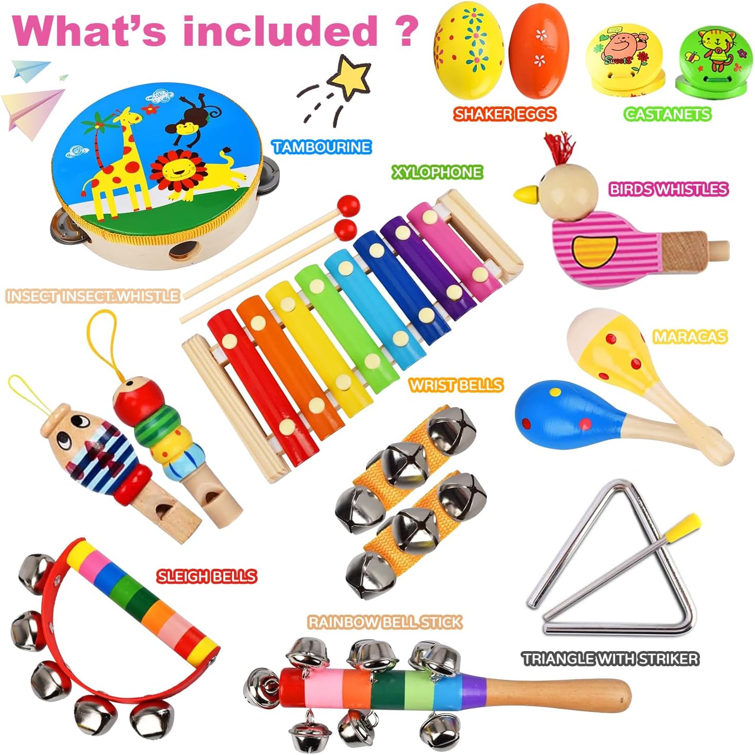 Kids Musical Instruments Set, 20 Pcs Toddler Wooden Percussion Instruments for Baby Children with Tambourine Xylophone Maracas, Preschool Musical Toys Set for Boys and Girls with Carrying Bag