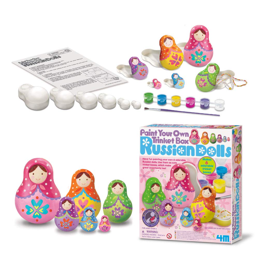 4M Paint Your Own Russian Trinket Box Kit – Paint and Decorate 6 Nesting Doll Trinket Boxes with 6 Paints & Brush | Craft & Collect Keepsake Set for Kids Ages 5+ | Toysmith Model 3699