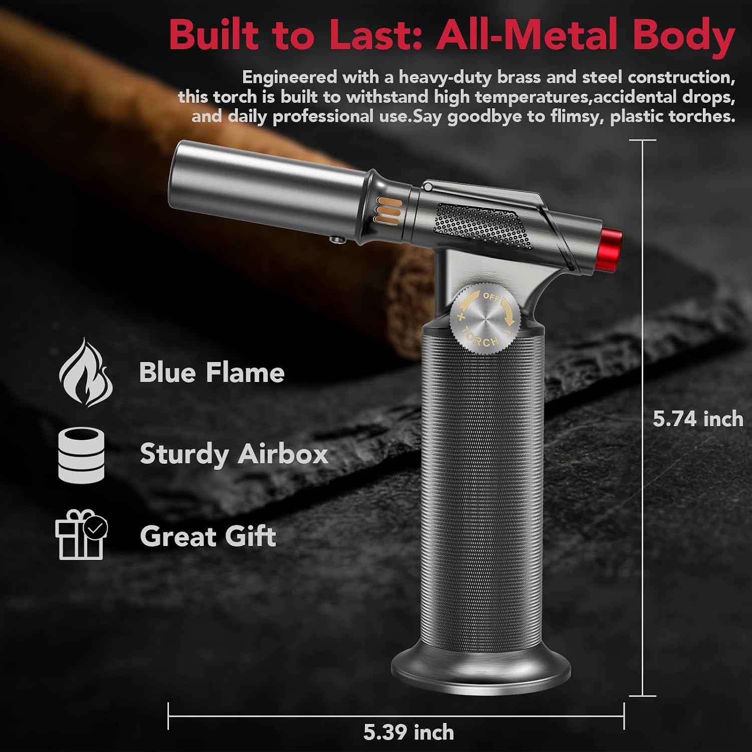 Butane Torch Lighter 801, Refillable Kithcne Torch with Safety Lock, Continuous Flame Mode, Adjustable Flame for Kitchen, Soldering and Bakingl(Butane Gas Not Included)