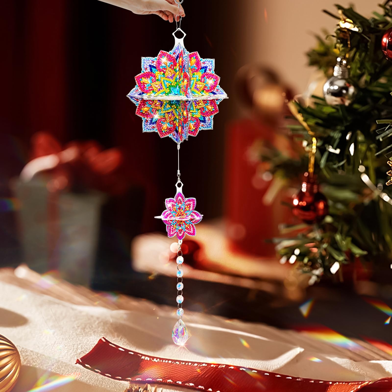 Mandala DIY akrylowe malowanie diamentowe dzwonki wietrzne z kryształowym wisiorkiem do ogrodu i domu