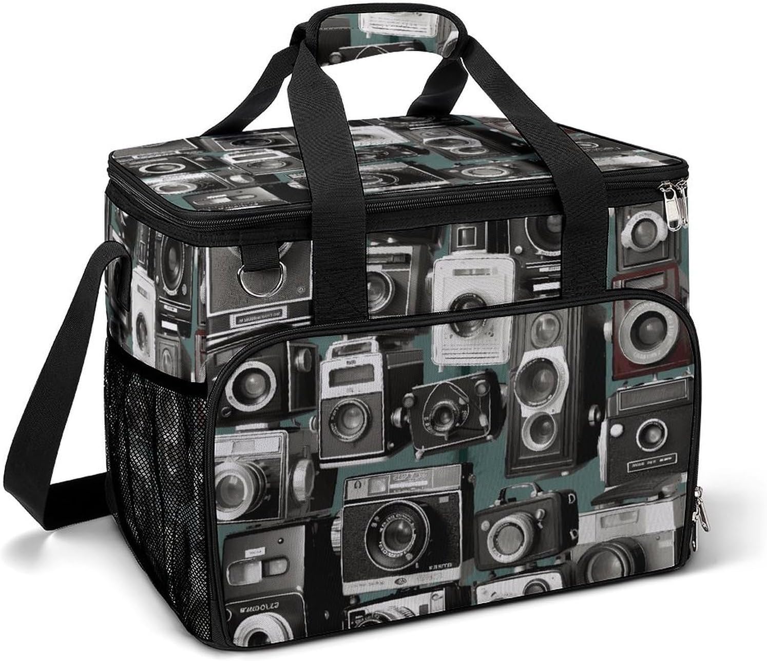 Large Capacity Oxford Cloth Retro Cool Camera Collection Printed Camping Ice Bag, Outdoor Portable Insulation and Cooling Bag, Suitable for Outdoor Camping and Picnics