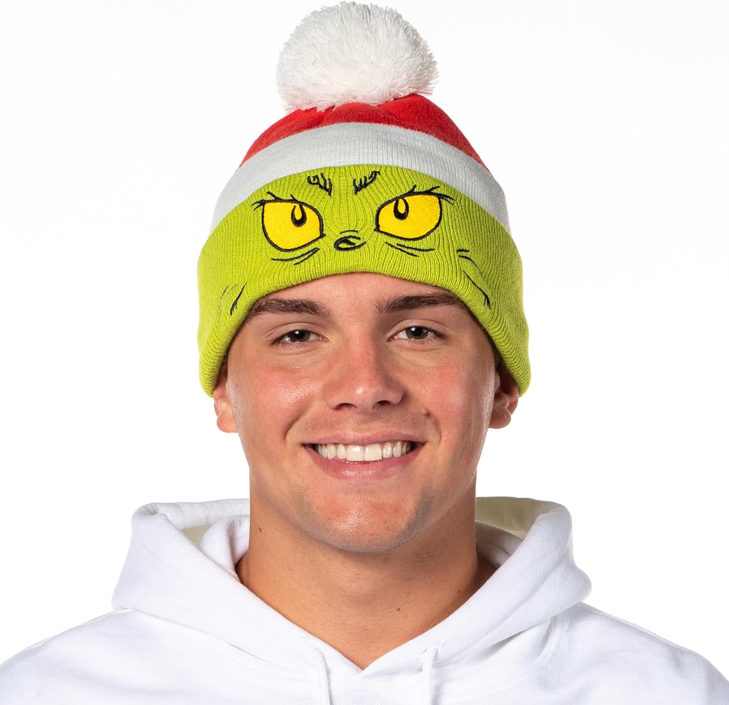 Dr. Seuss Grinch Embroidered Face Color Block Pom Fold Cuff Adult Knit Beanie Multicolored