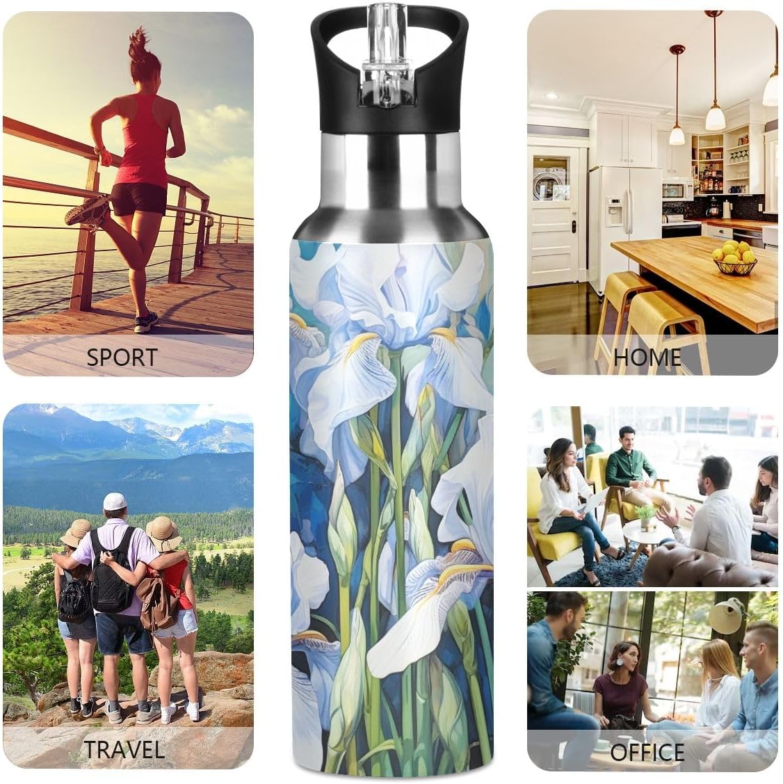 Insulated Water Bottle with Straw Stainless Steel Metal Bottles Iris Painting Sports Gym Leakproof 20 oz for Women